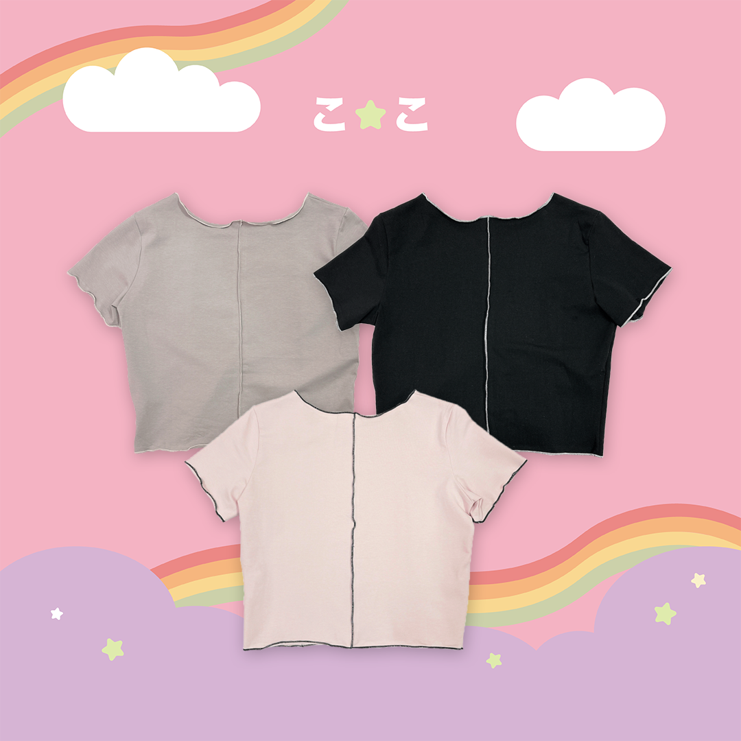 こ♡こ 木耳捲邊車線撞色簍空上衣