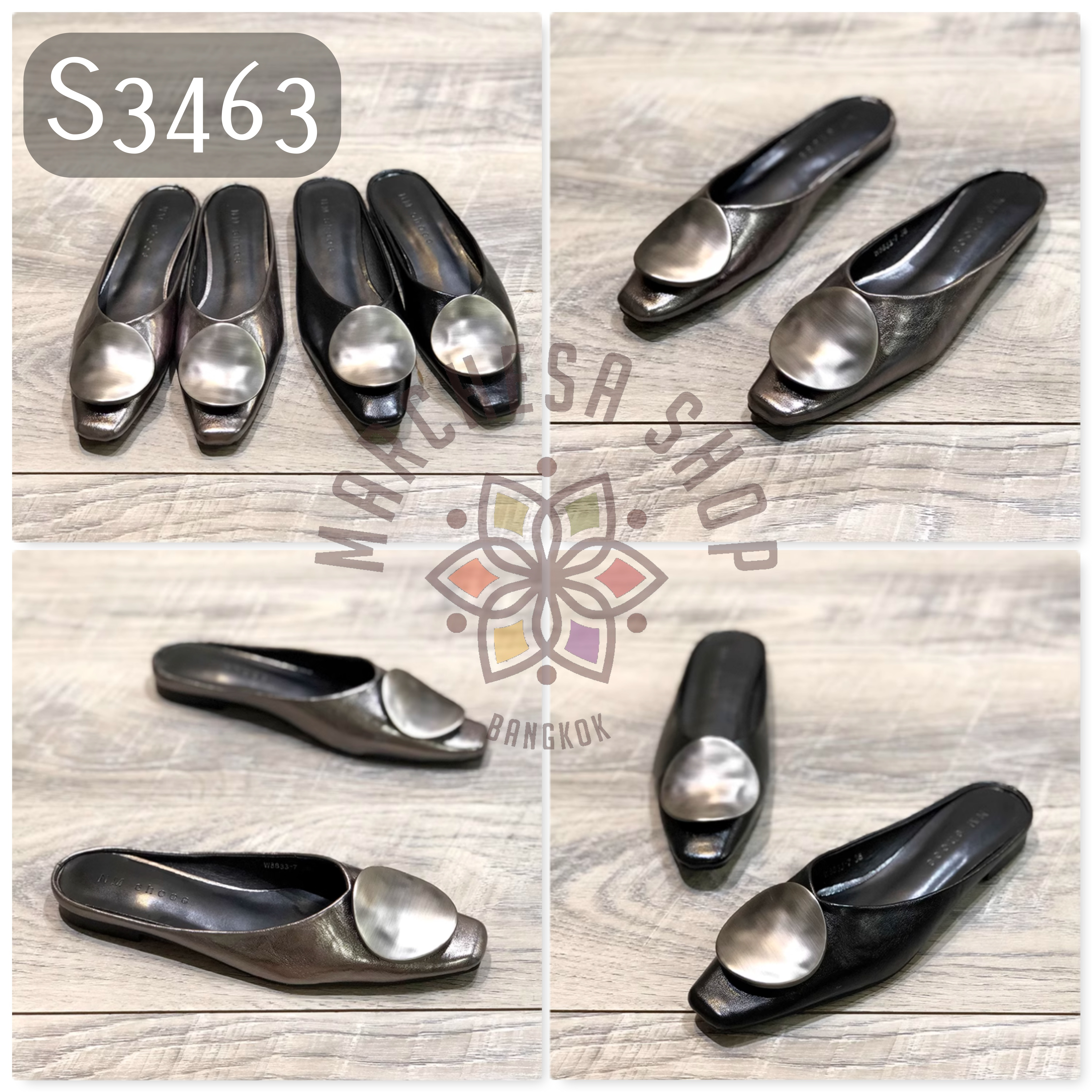 S3463 - 牛皮型格銅裝飾低踭涼拖