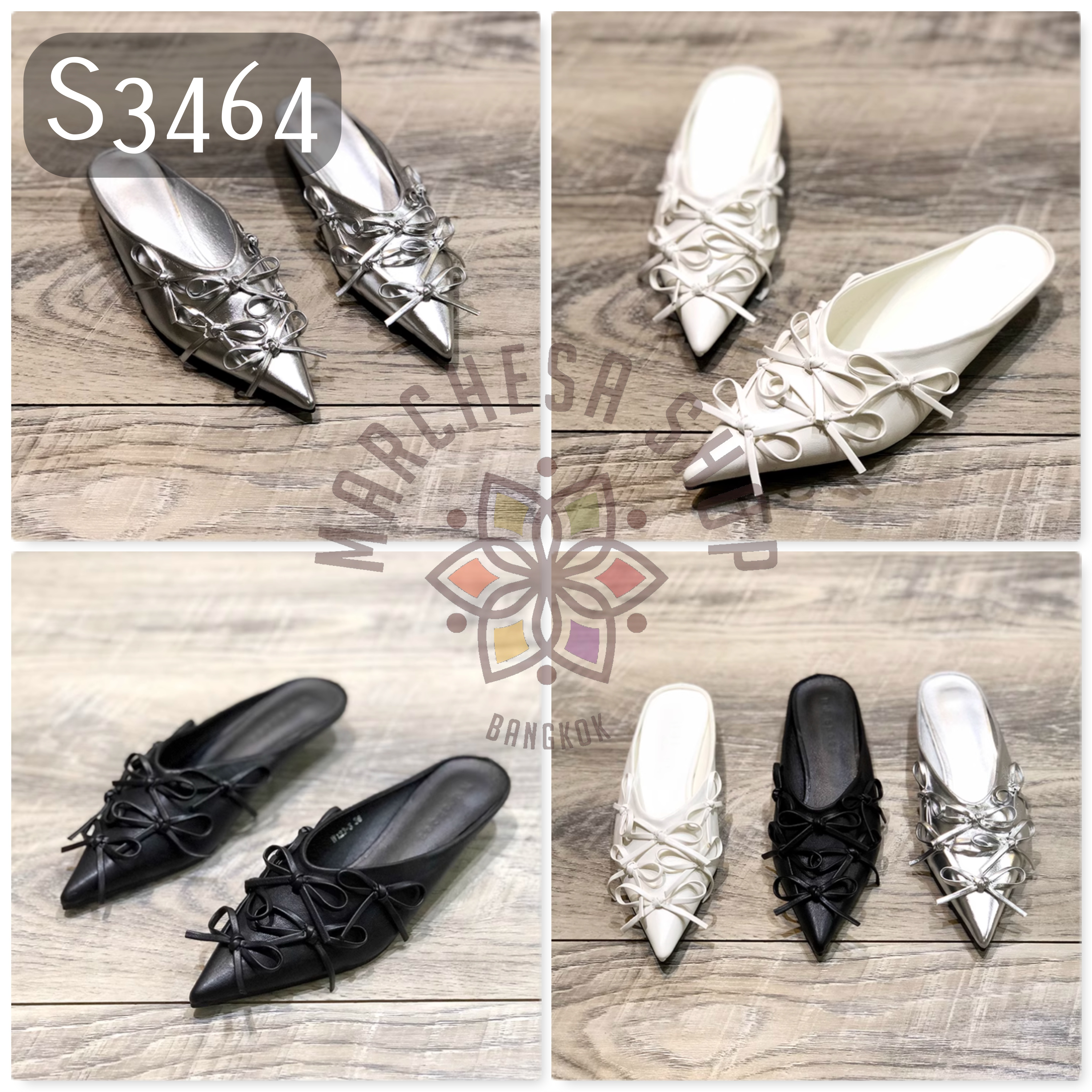 S3464 - 牛皮型格綁結尖頭低踭涼拖