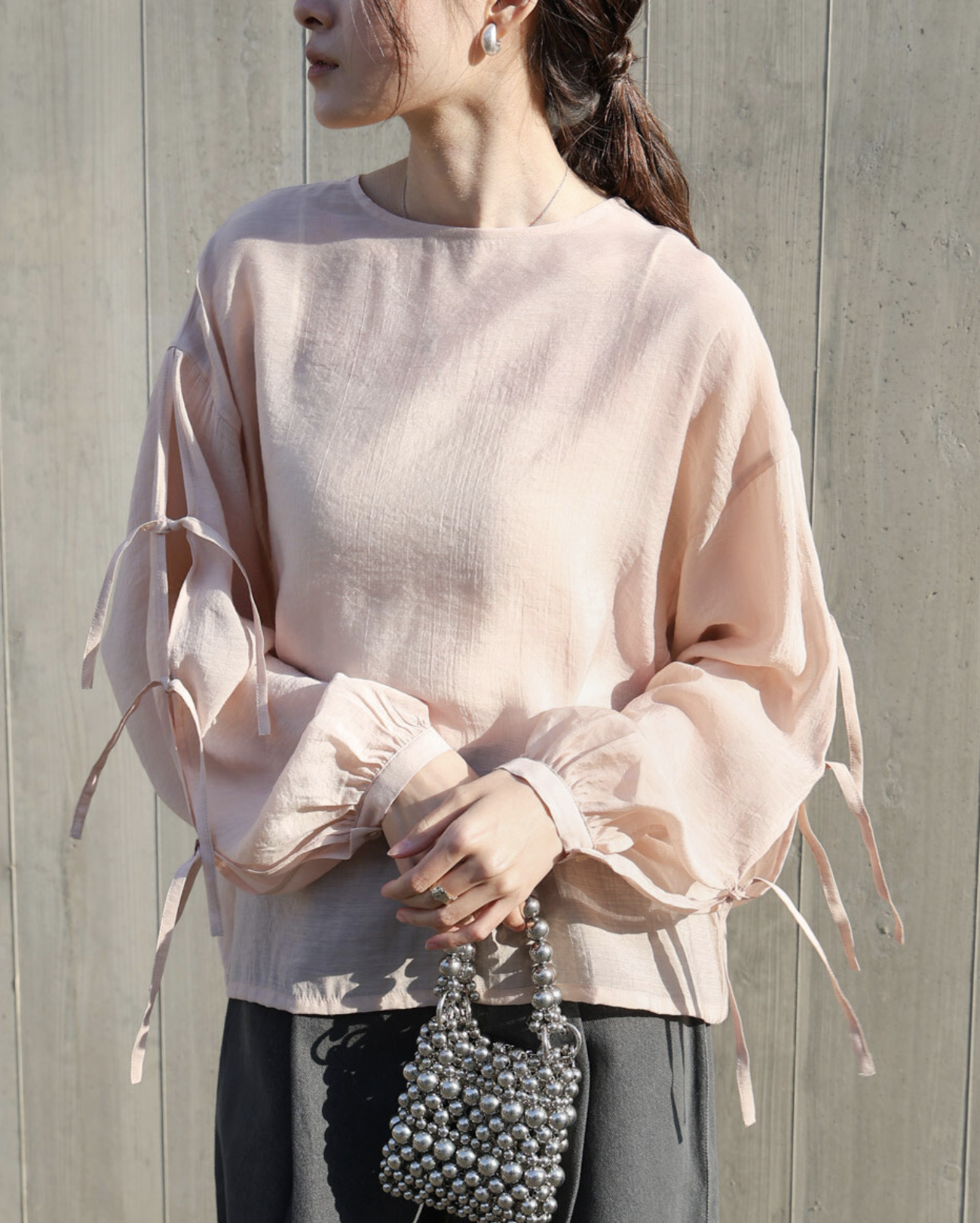 蝴蝶結手袖透薄襯衫