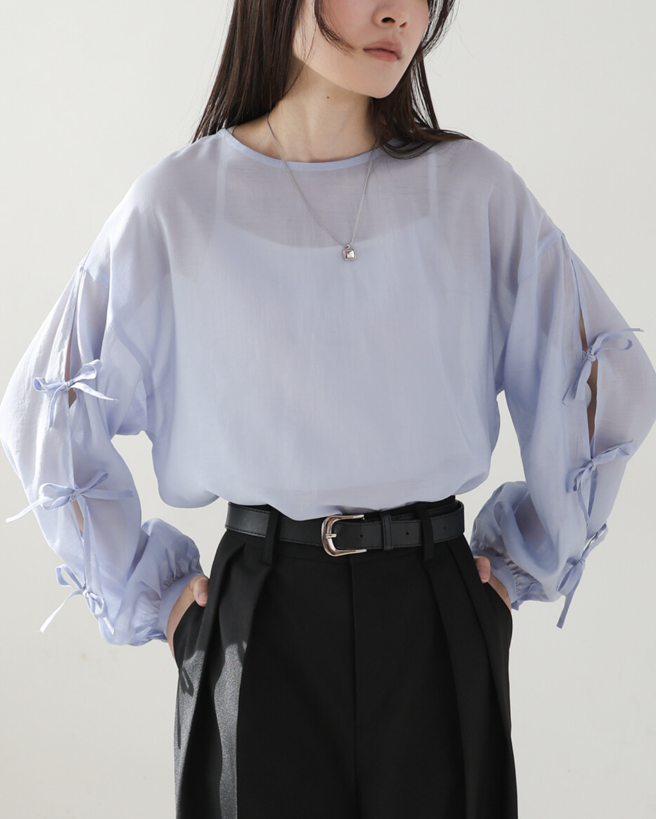 蝴蝶結手袖透薄襯衫