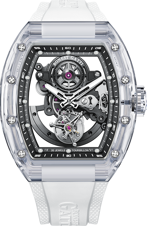 萬年鐘錶 - BONEST GATTI Watch | 布加迪 寶加地 |  陀飛輪透明框白色酒桶型 自動上鍊機械鏤空機芯男錶 BG7001-R1  錶徑 45MM