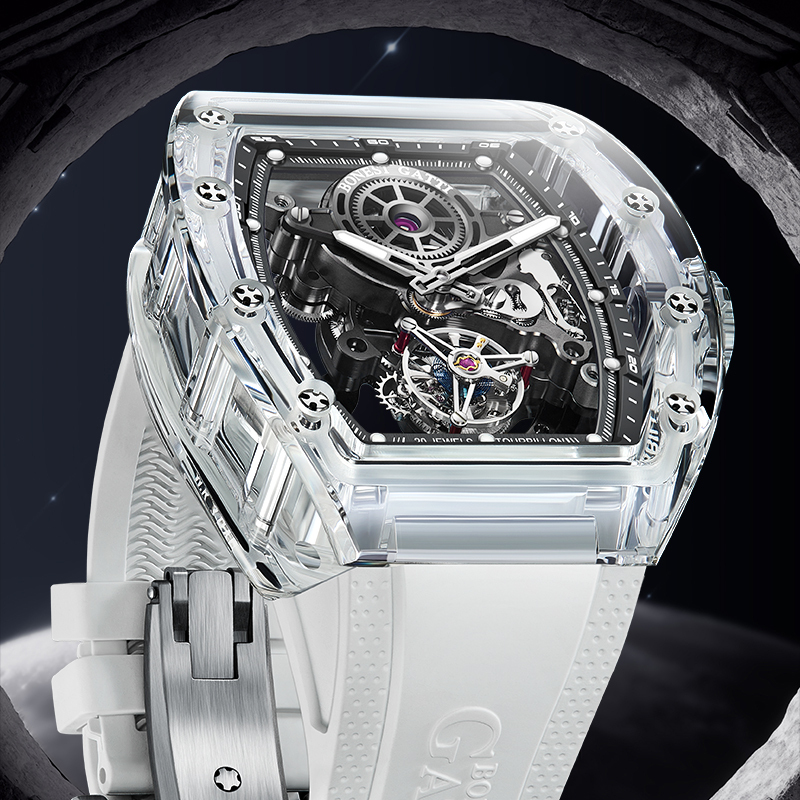 萬年鐘錶 - BONEST GATTI Watch | 布加迪 寶加地 |  陀飛輪透明框白色酒桶型 自動上鍊機械鏤空機芯男錶 BG7001-R1  錶徑 45MM