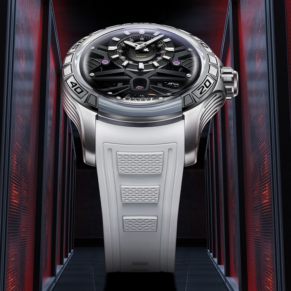 萬年鐘錶 - BONEST GATTI Watch | 布加迪 寶加地 |  宇宙系列白色銀框機械鏤空機芯男錶 BG5101-A1  錶徑 44MM