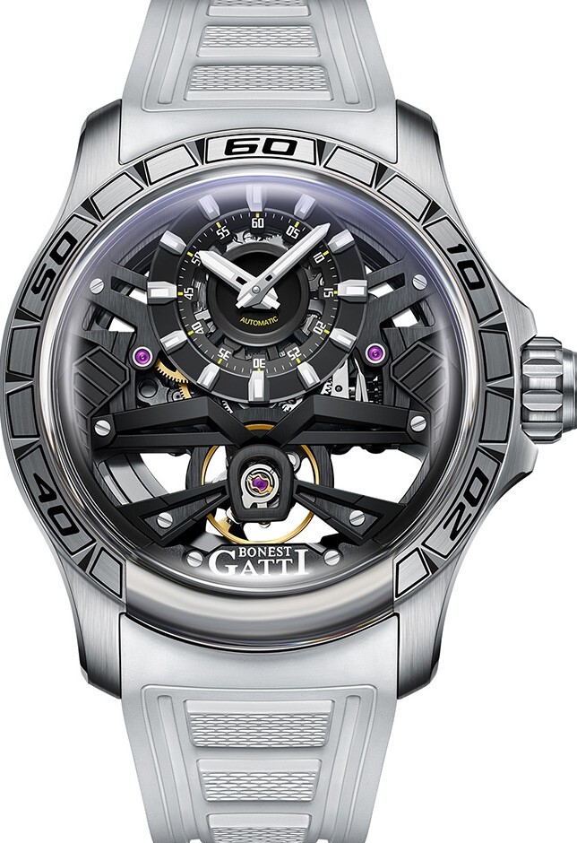 萬年鐘錶 - BONEST GATTI Watch | 布加迪 寶加地 |  宇宙系列白色銀框機械鏤空機芯男錶 BG5101-A1  錶徑 44MM
