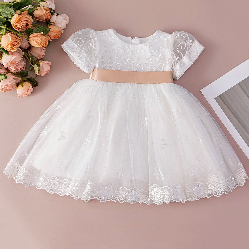 女寶白色蕾絲婚紗香檳腰帶禮服裙