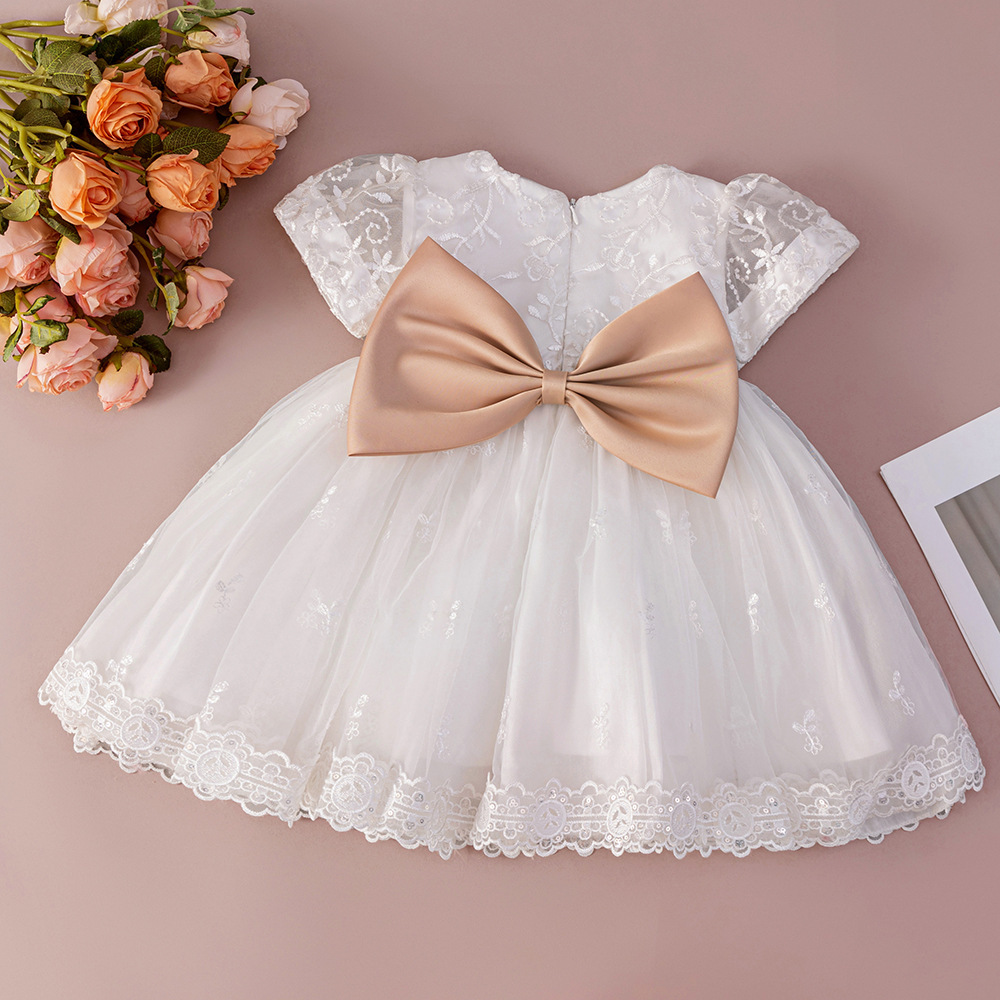 女寶白色蕾絲婚紗香檳腰帶禮服裙