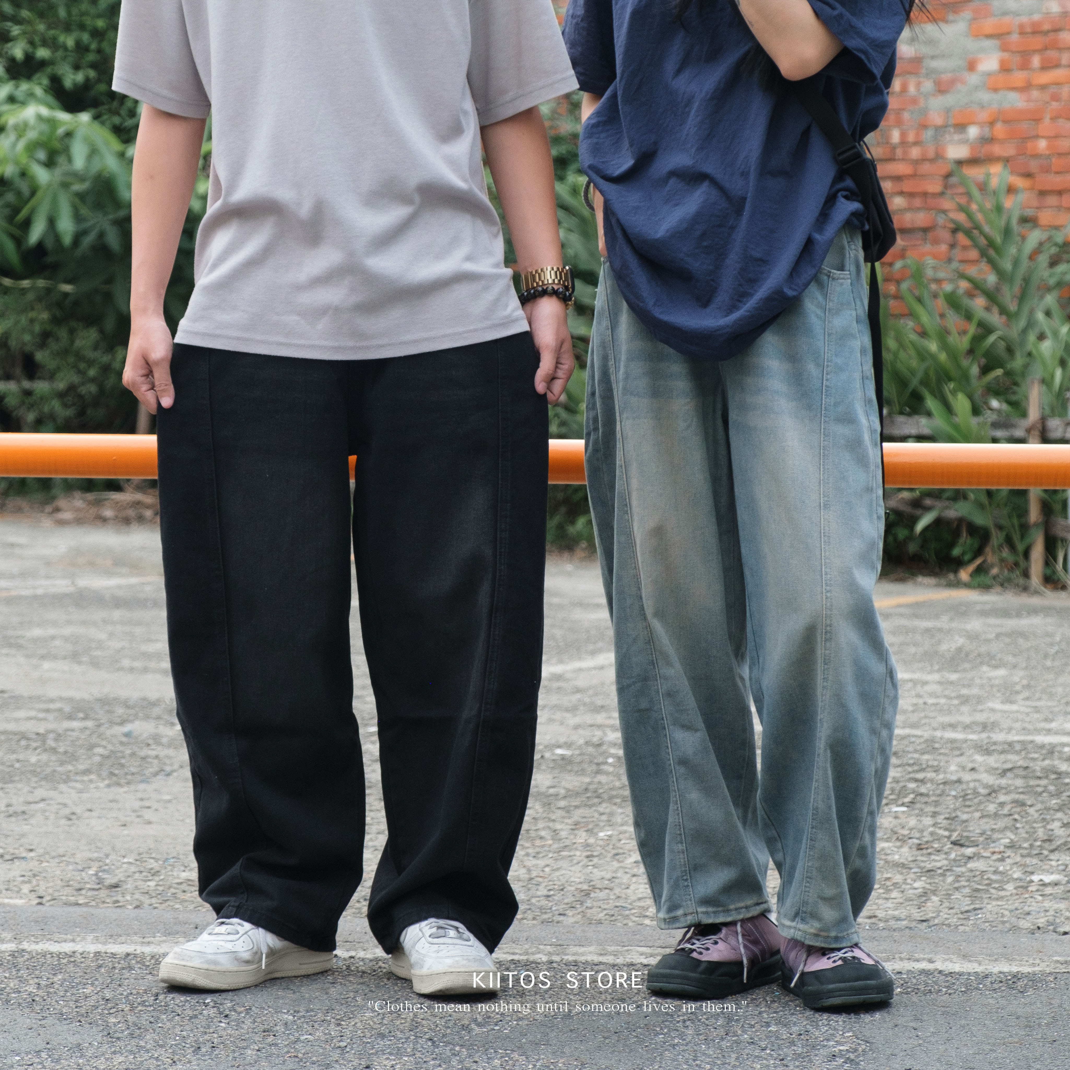 現貨 復古 水洗 做舊 闊腿 落地 彎刀設計 牛仔褲 分割拼接 半鬆緊