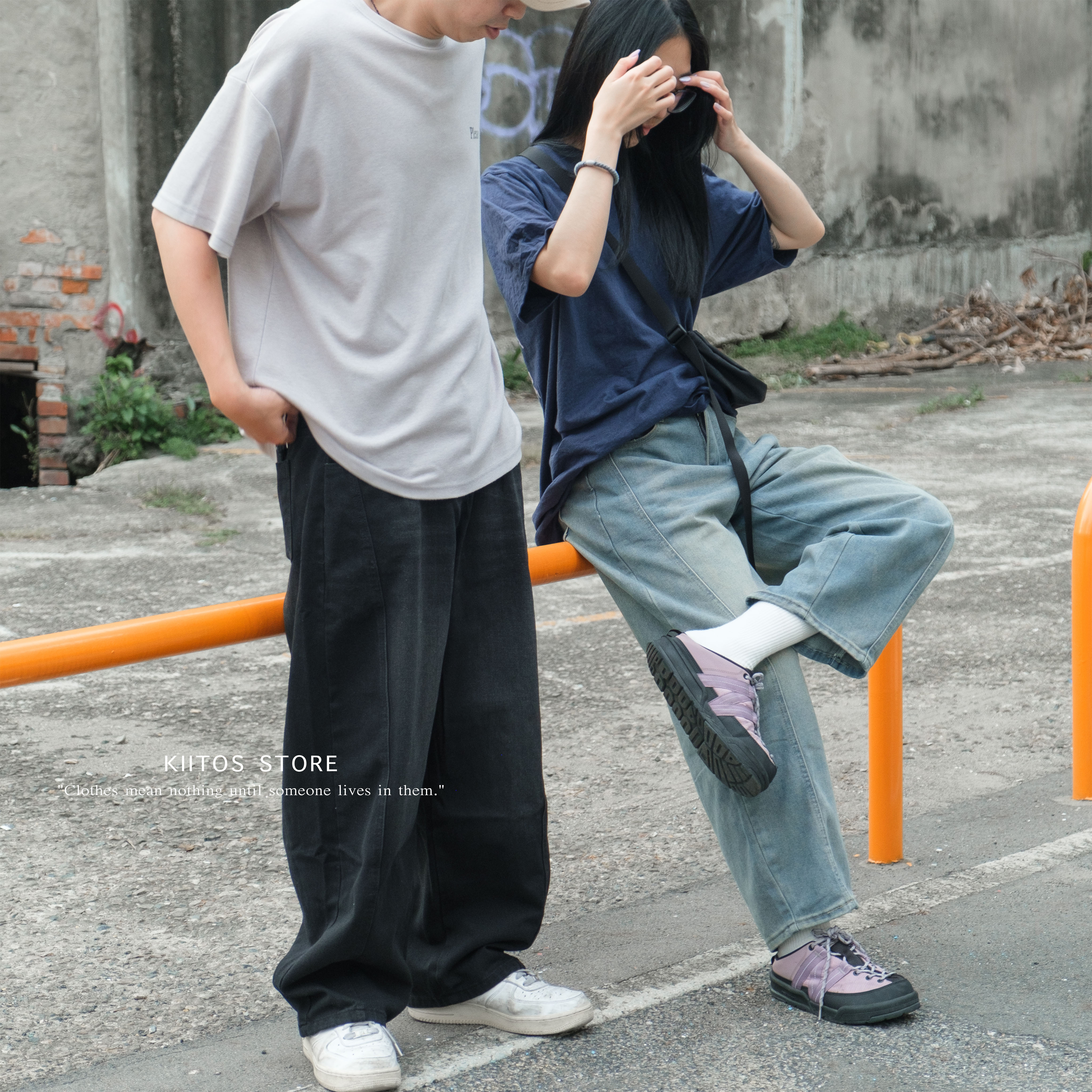 現貨 復古 水洗 做舊 闊腿 落地 彎刀設計 牛仔褲 分割拼接 半鬆緊