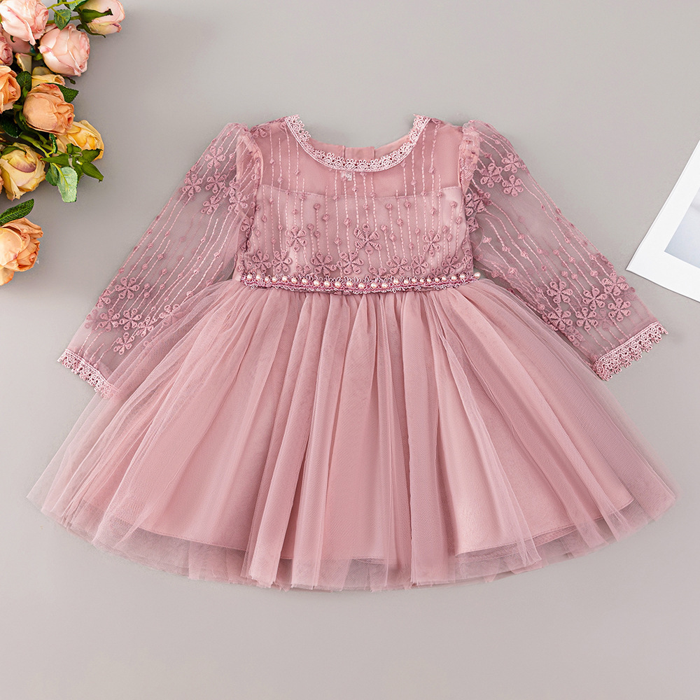 女寶拼接花卉長袖刺繡禮服裙