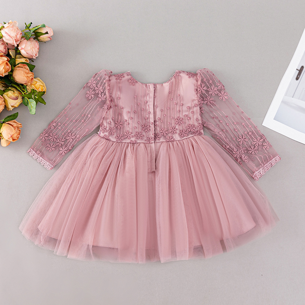 女寶拼接花卉長袖刺繡禮服裙