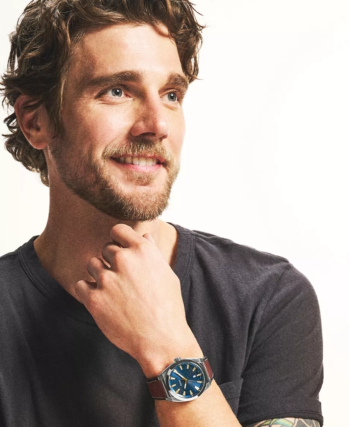 Everett 極簡紳士藍手錶 棕色真皮錶帶 42 MM FS6115