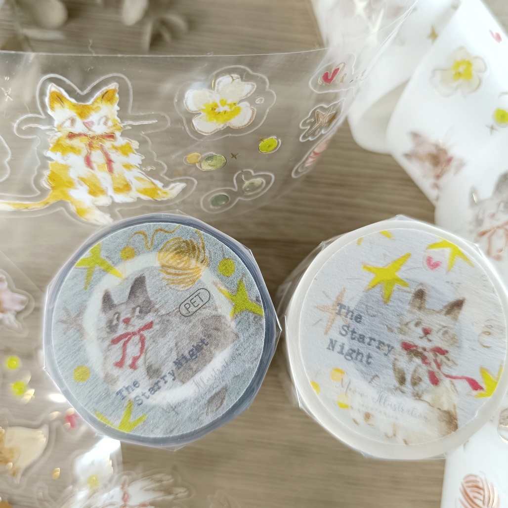 Meow Illustration．星空與貓 5cm燙金割型亮面PET/和紙膠帶 <整捲/分裝>