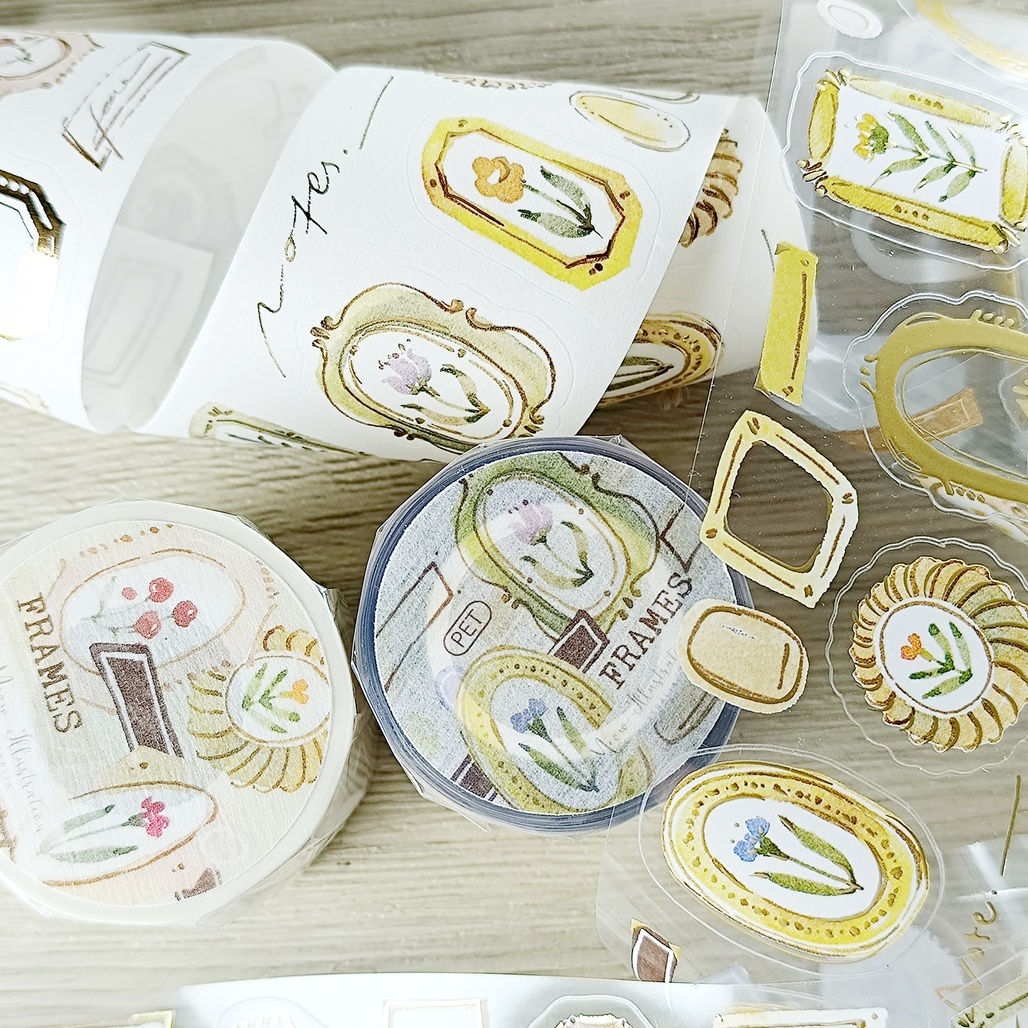 Meow Illustration．框與花 5cm霧金割型亮面PET/和紙膠帶 <整捲/分裝>