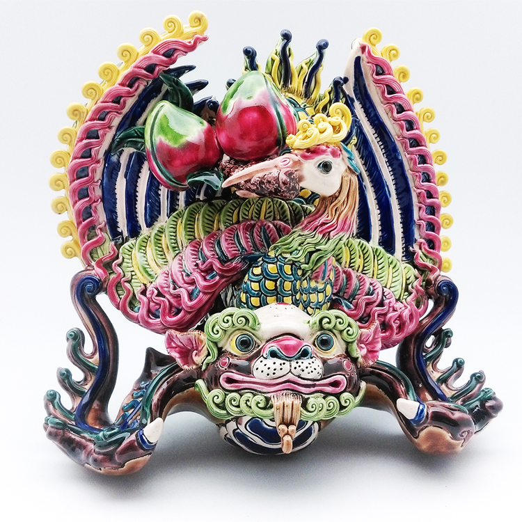 鹿港窯典藏彩釉交趾陶|福壽雙全蝙蝠壽桃組|祝壽禮・開運居家擺飾