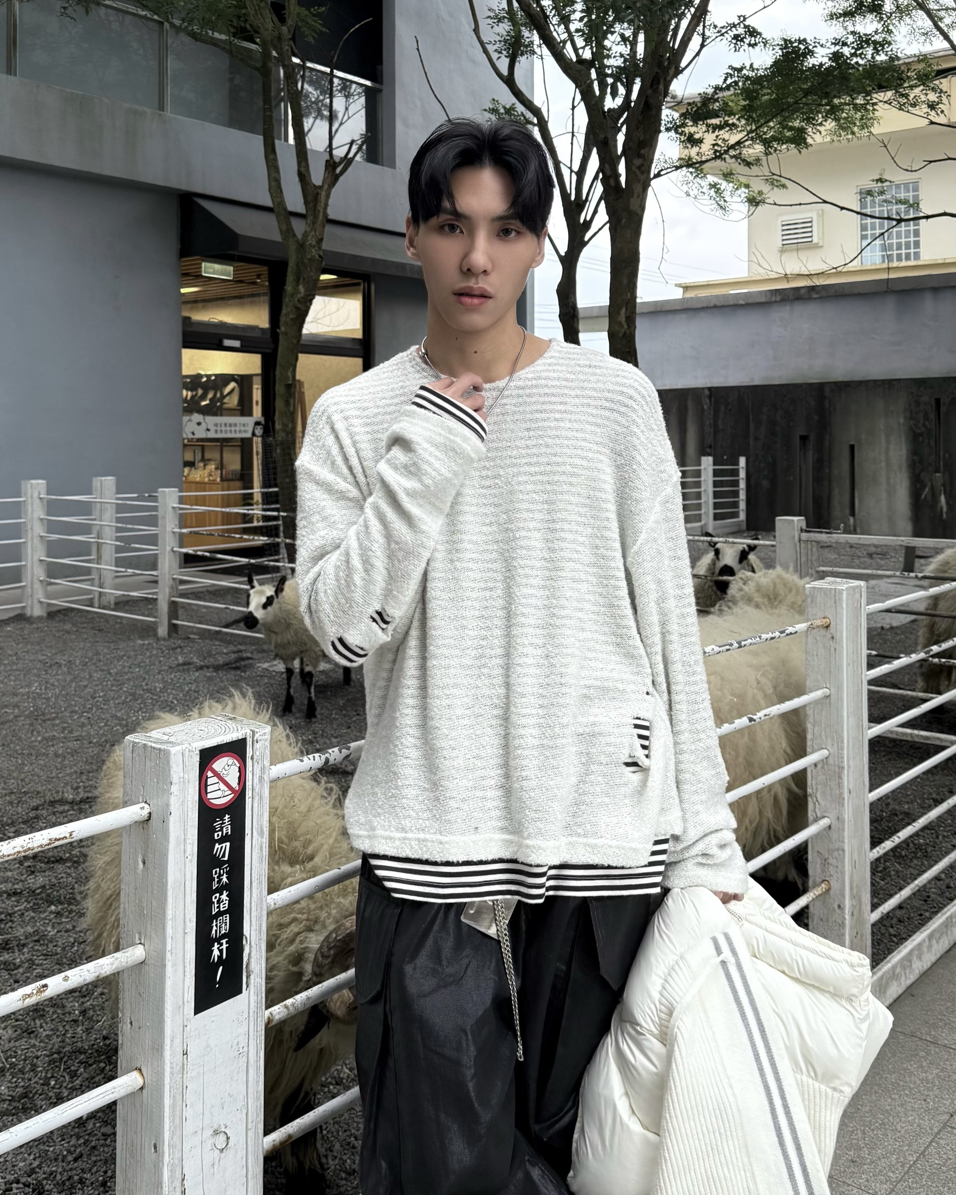 𝐇·𝐓·𝐒 韓國 假兩件設計 條紋 線條 網布破壞 層次感 長袖 薄長袖