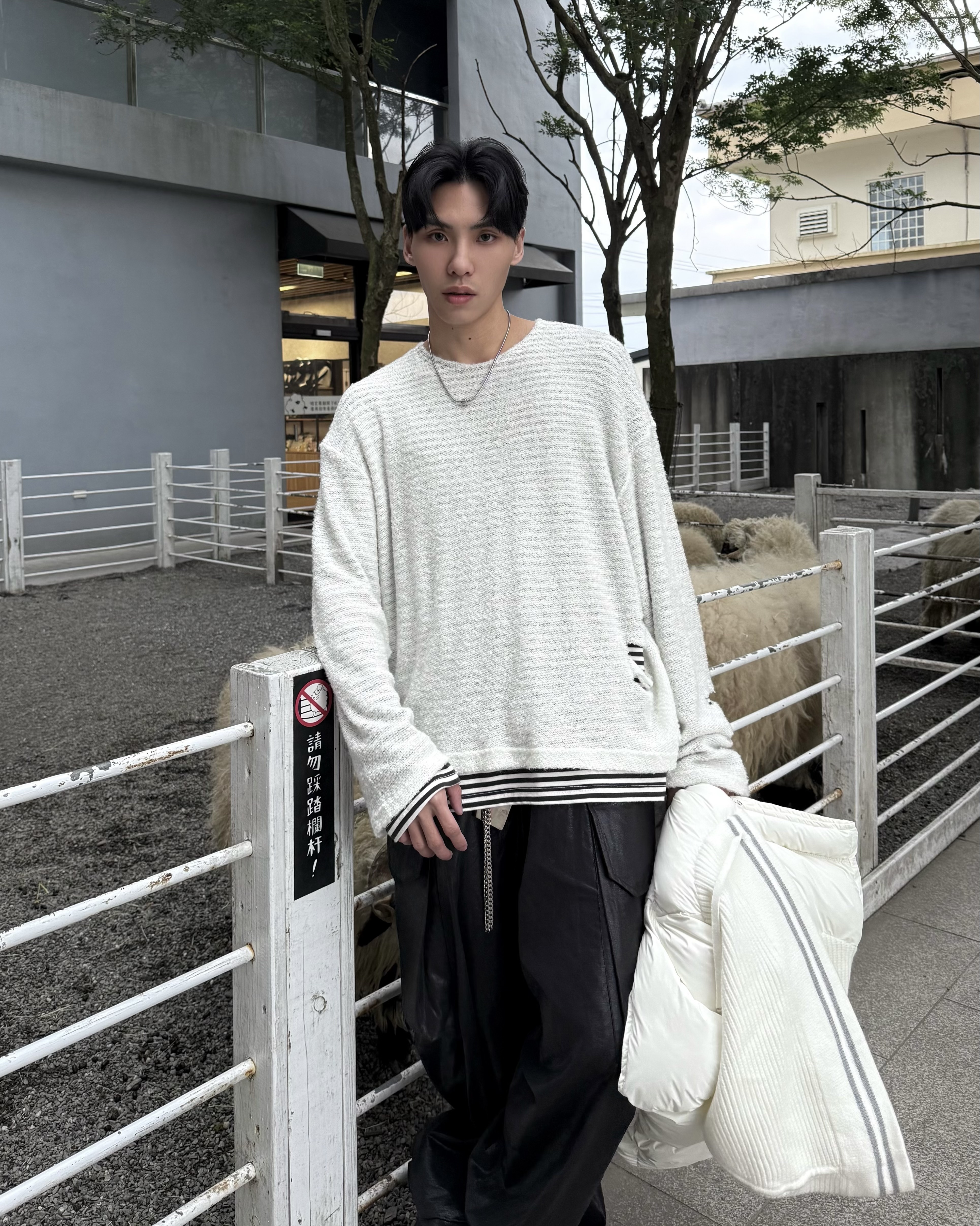 𝐇·𝐓·𝐒 韓國 假兩件設計 條紋 線條 網布破壞 層次感 長袖 薄長袖