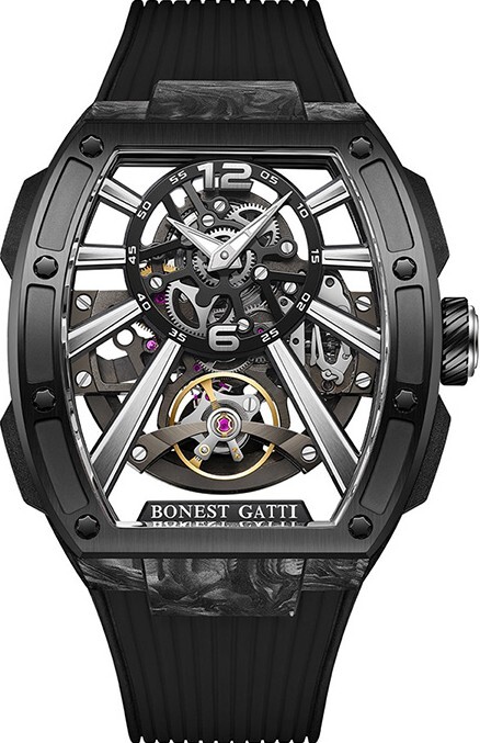 萬年鐘錶 - BONEST GATTI Watch | 布加迪 寶加地 |  馳風競速系列黑色黑框酒桶型機械鏤空機芯男錶 BG9950-A1 錶徑 42MM