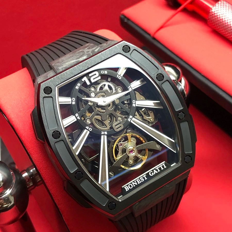 萬年鐘錶 - BONEST GATTI Watch | 布加迪 寶加地 |  馳風競速系列黑色黑框酒桶型機械鏤空機芯男錶 BG9950-A1 錶徑 42MM