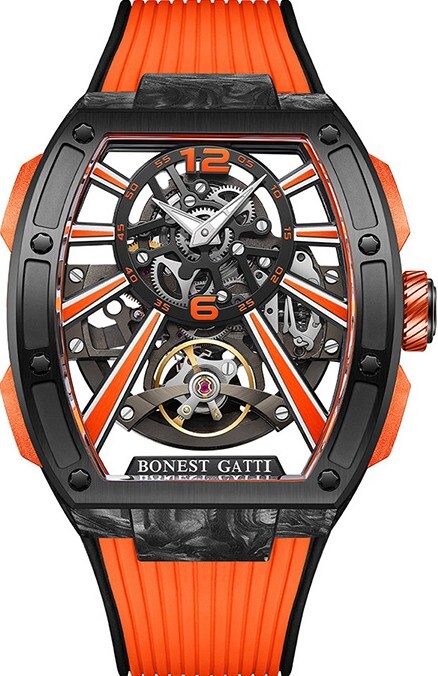 萬年鐘錶 - BONEST GATTI Watch | 布加迪 寶加地 |  馳風競速系列黑框酒桶型機械鏤空機芯男錶 BG9950-A3 錶徑 42MM