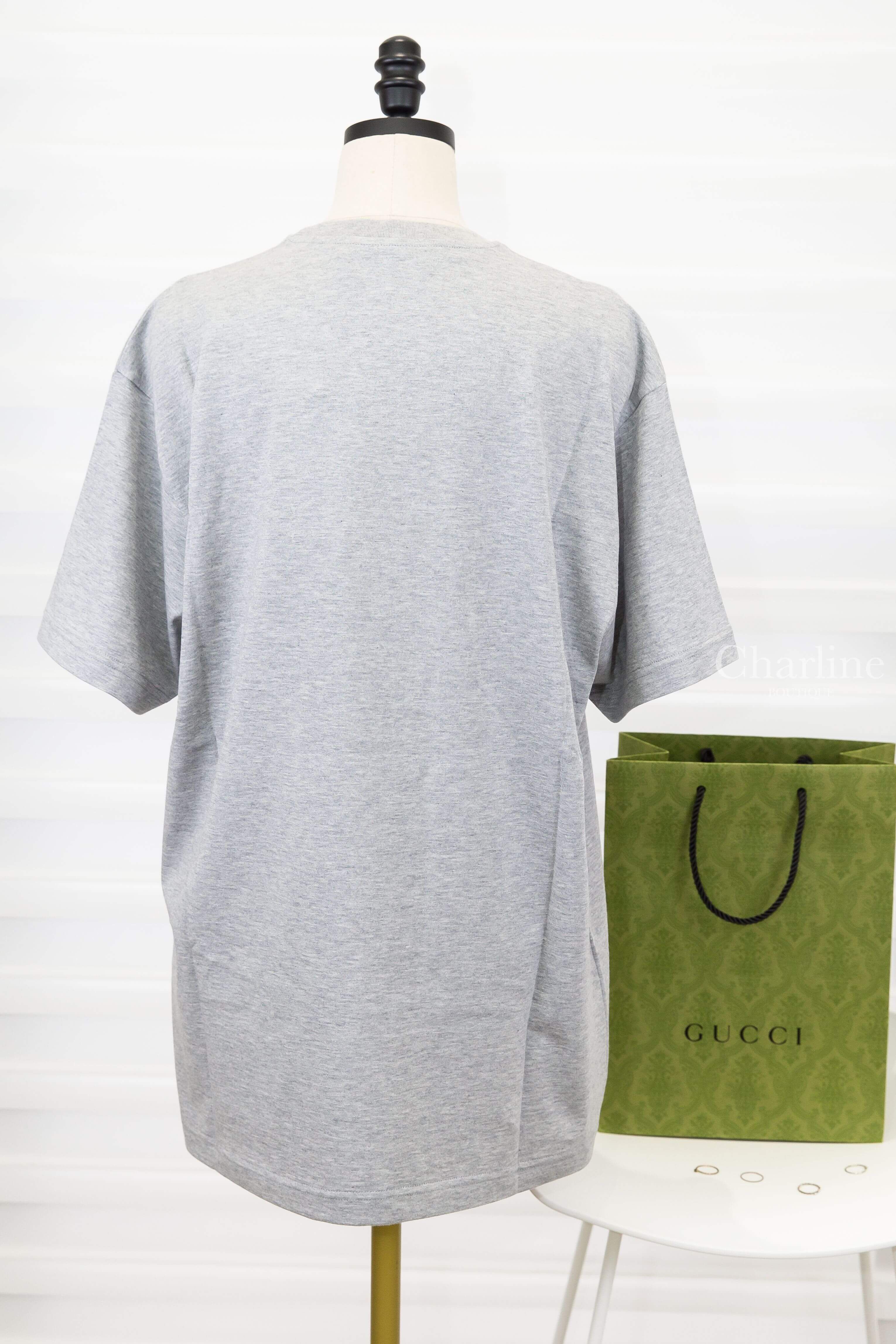 Gucci Cotton Jersey T-shirt With Gucci Print 灰色紅綠線條白色字母印花短袖棉T-Charline Boutique 精品代購