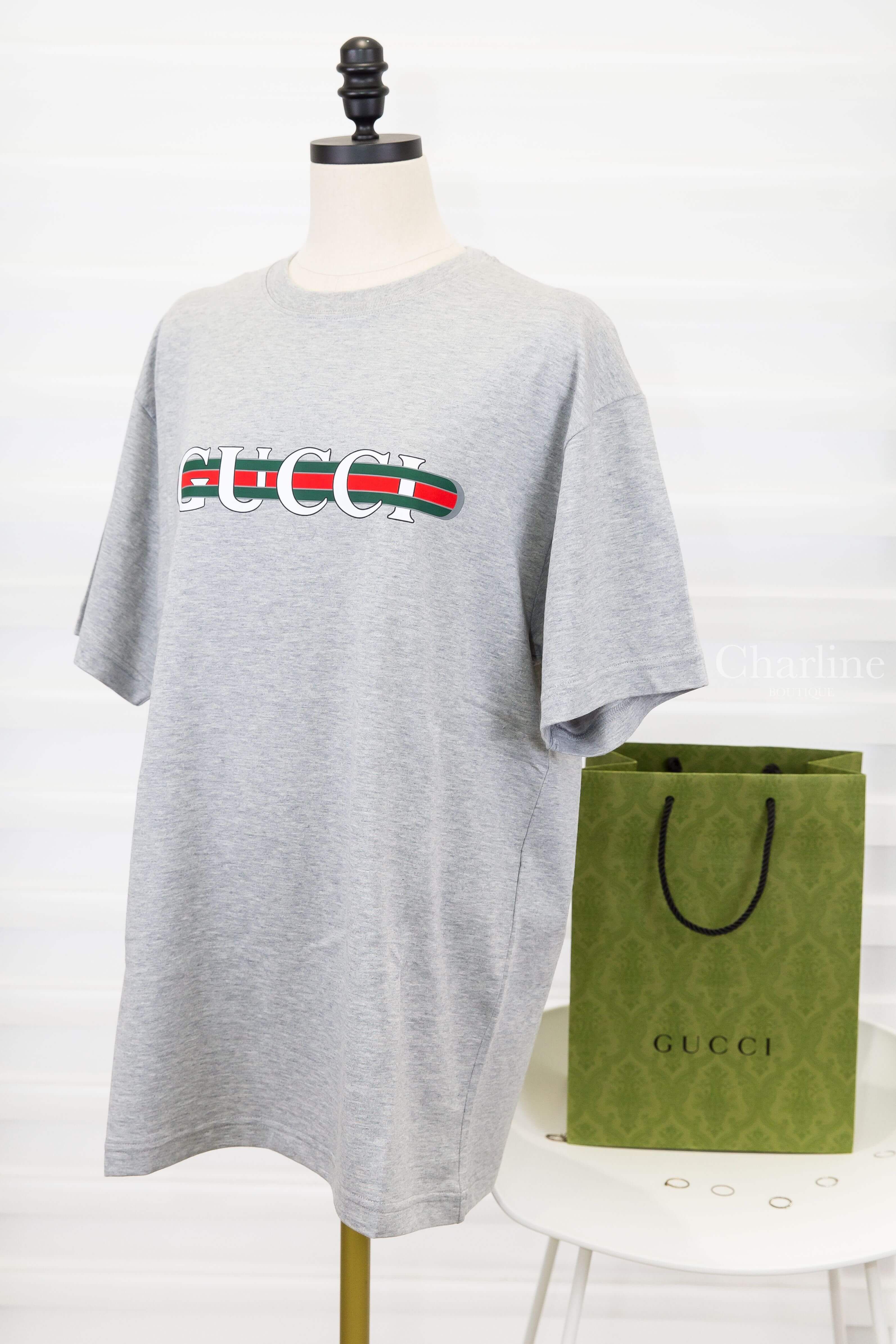 Gucci Cotton Jersey T-shirt With Gucci Print 灰色紅綠線條白色字母印花短袖棉T-Charline Boutique 精品代購