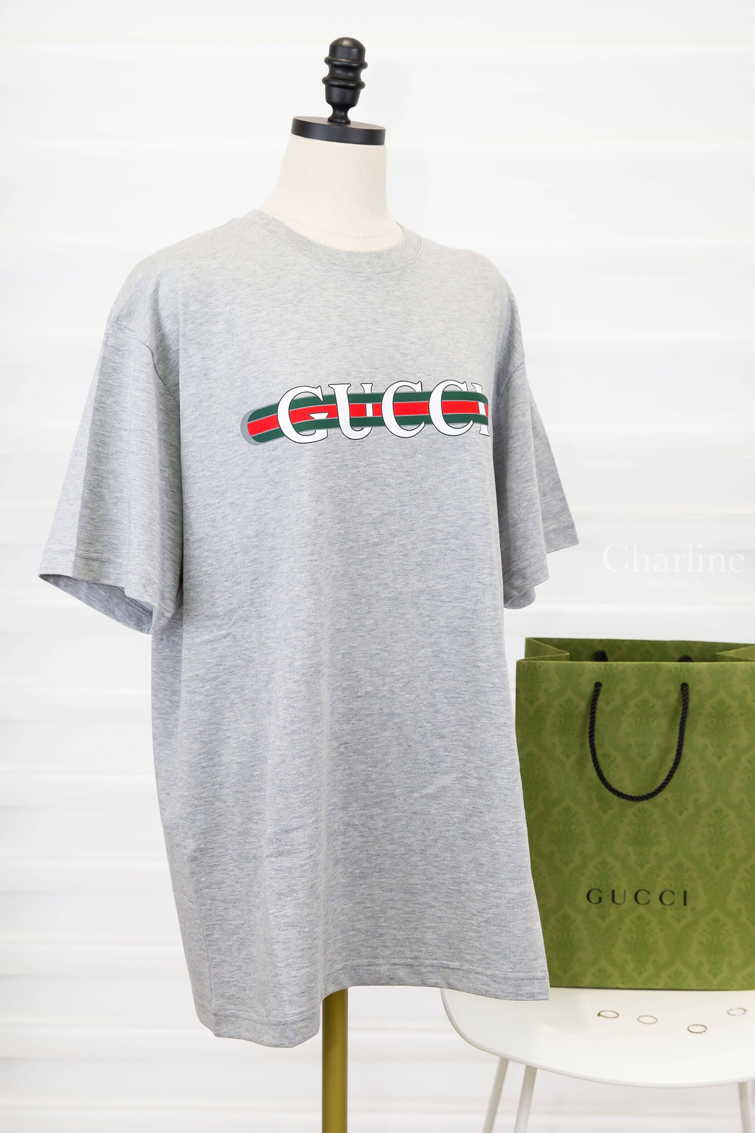 Gucci Cotton Jersey T-shirt With Gucci Print 灰色紅綠線條白色字母印花短袖棉T-Charline Boutique 精品代購