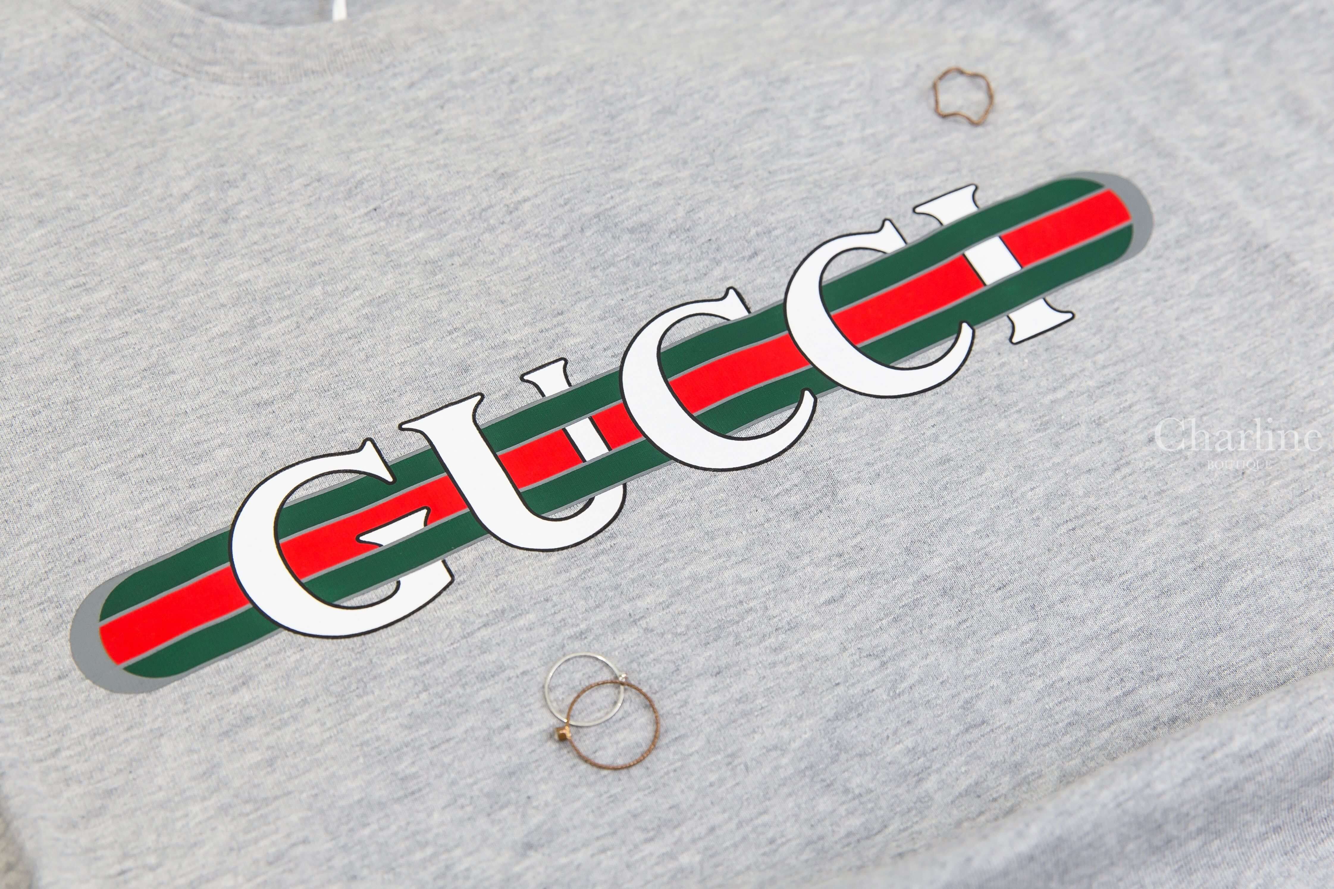 Gucci Cotton Jersey T-shirt With Gucci Print 灰色紅綠線條白色字母印花短袖棉T