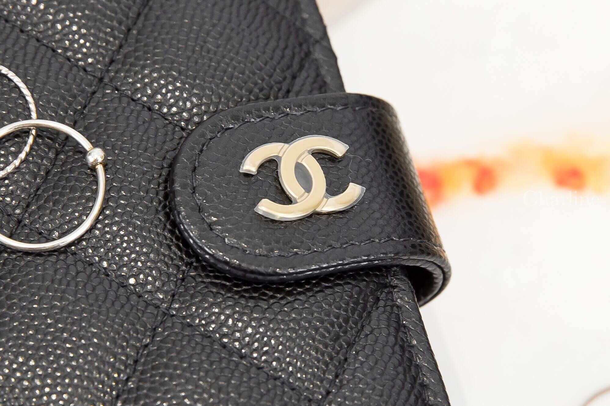 Chanel Passport Holder 黑色金CC荔枝菱格紋酒紅內裡釦式護照夾
