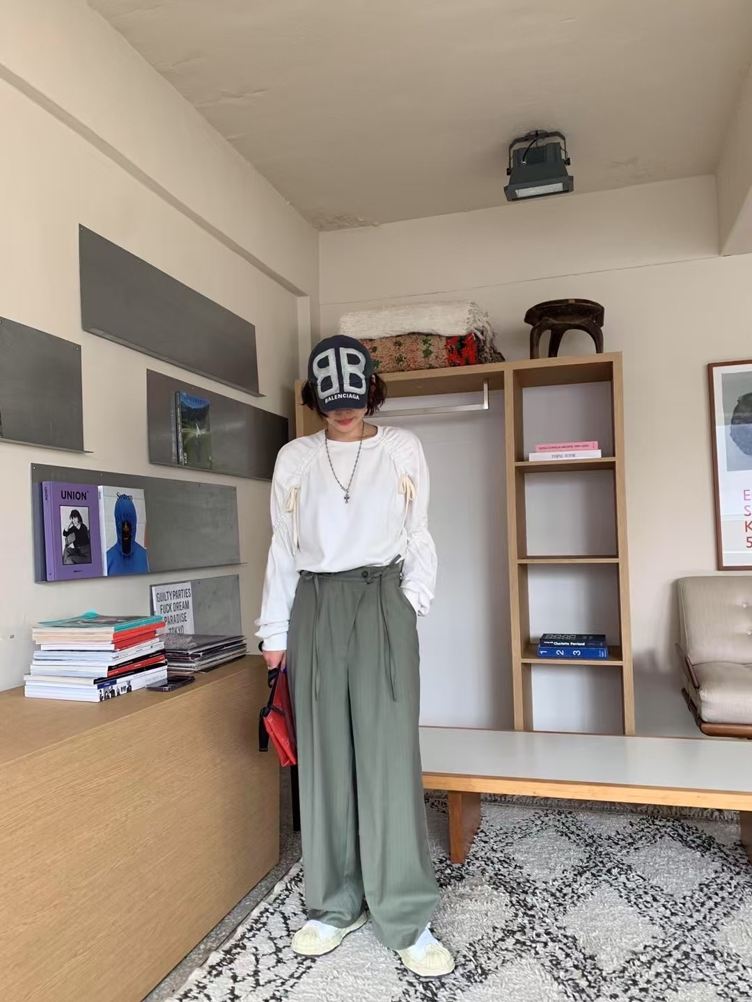 韓國5K正品 斜片綁帶設計直紋寬直筒西褲