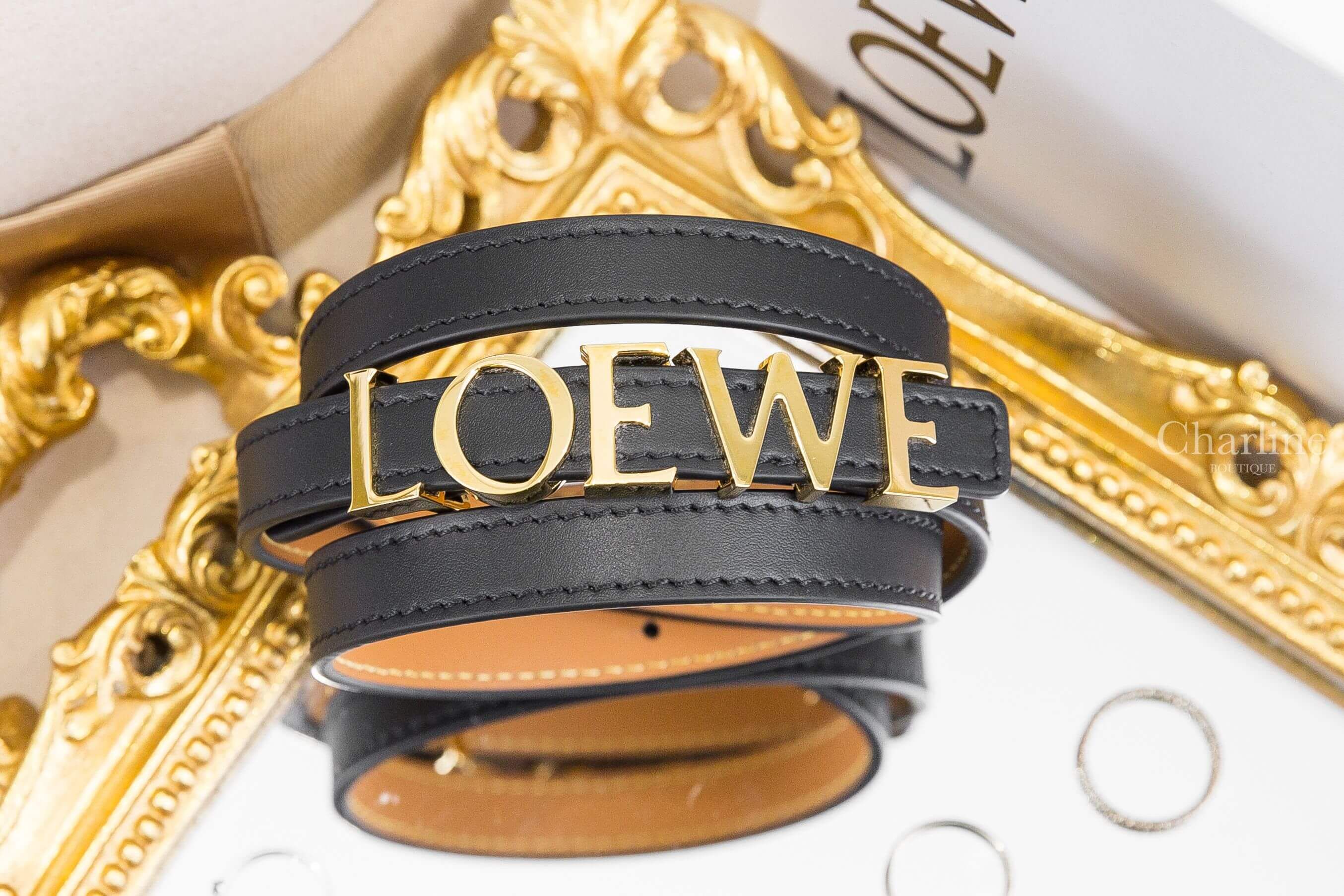 Loewe Loewe Belt In Smooth Calfskin 黑色1.5cm小牛皮金色字母皮帶