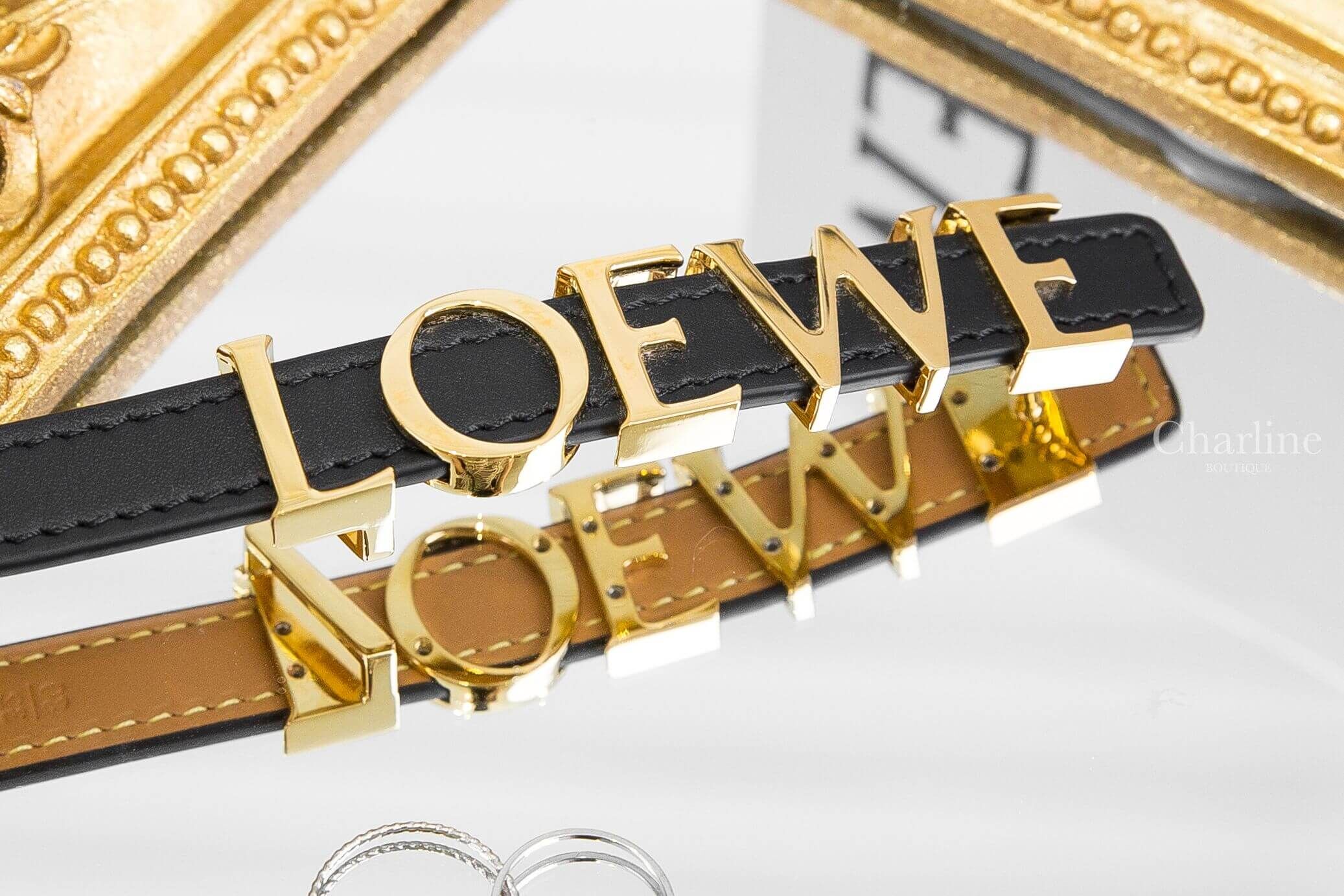 Loewe Loewe Belt In Smooth Calfskin 黑色1.5cm小牛皮金色字母皮帶