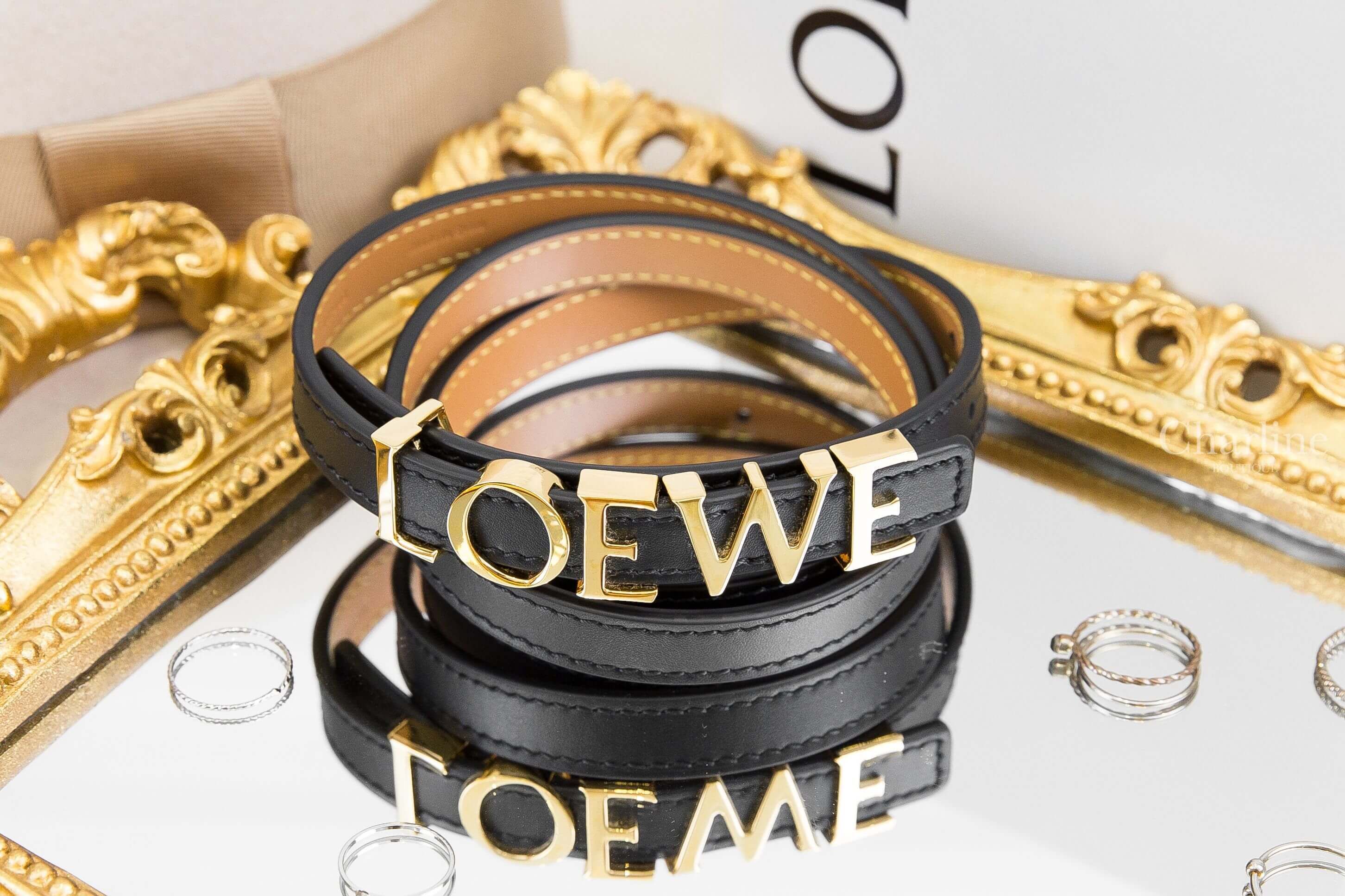 Loewe Loewe Belt In Smooth Calfskin 黑色1.5cm小牛皮金色字母皮帶-Charline Boutique 精品代購
