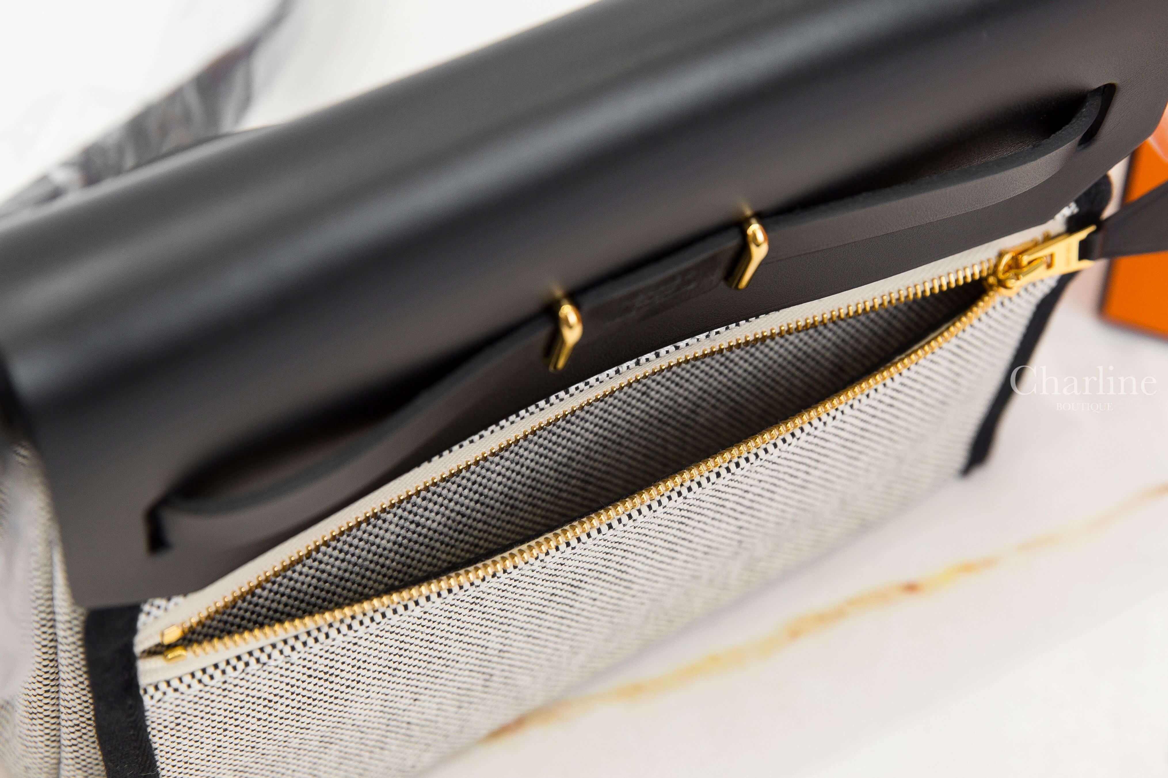 Hermès Herbag Zip 20 Bag 米灰色帆布拼黑色皮革金釦迷你手提肩背包-Charline Boutique 精品代購