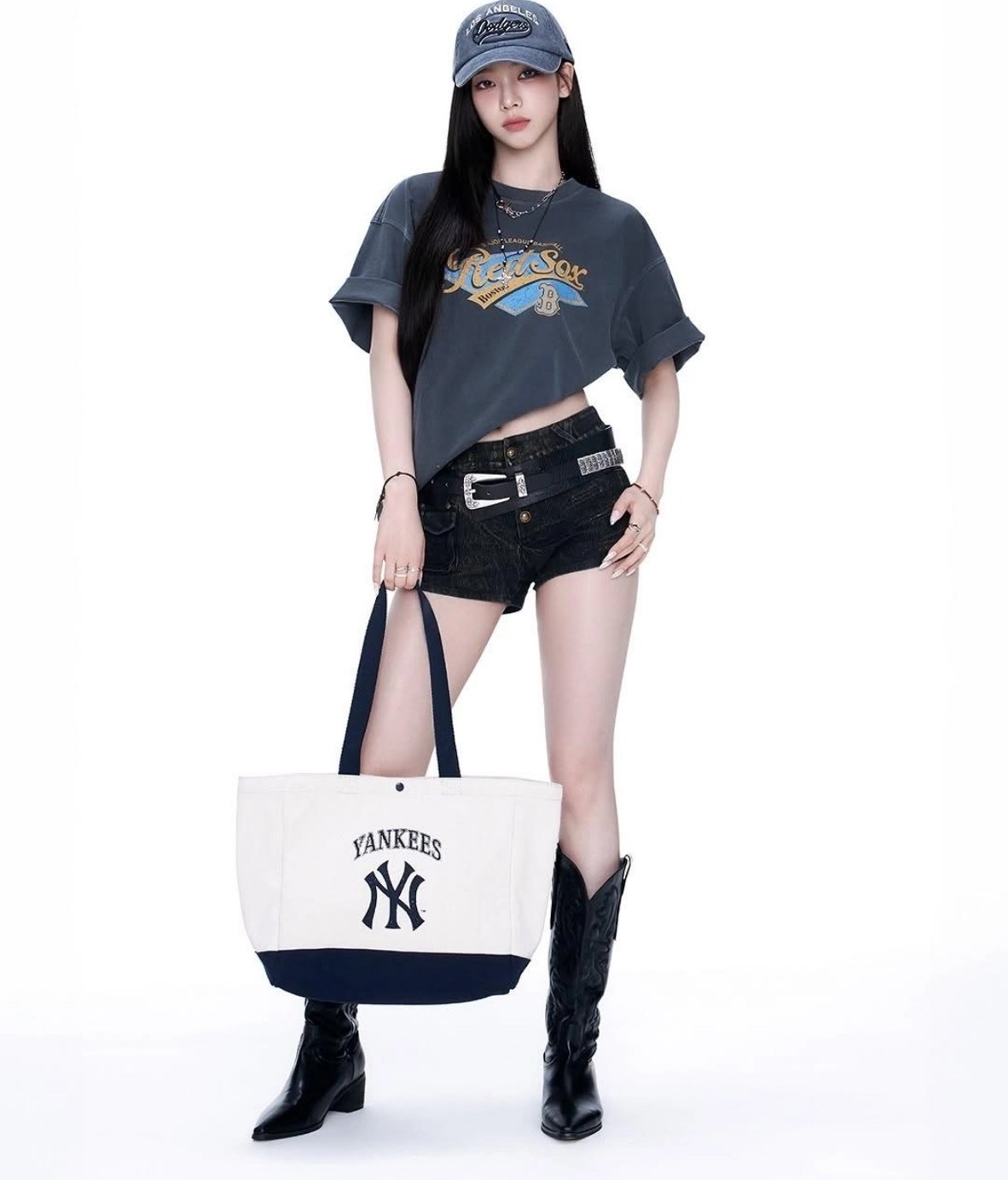 MLB 米白拼藍托特包｜棉帆布｜情侶款