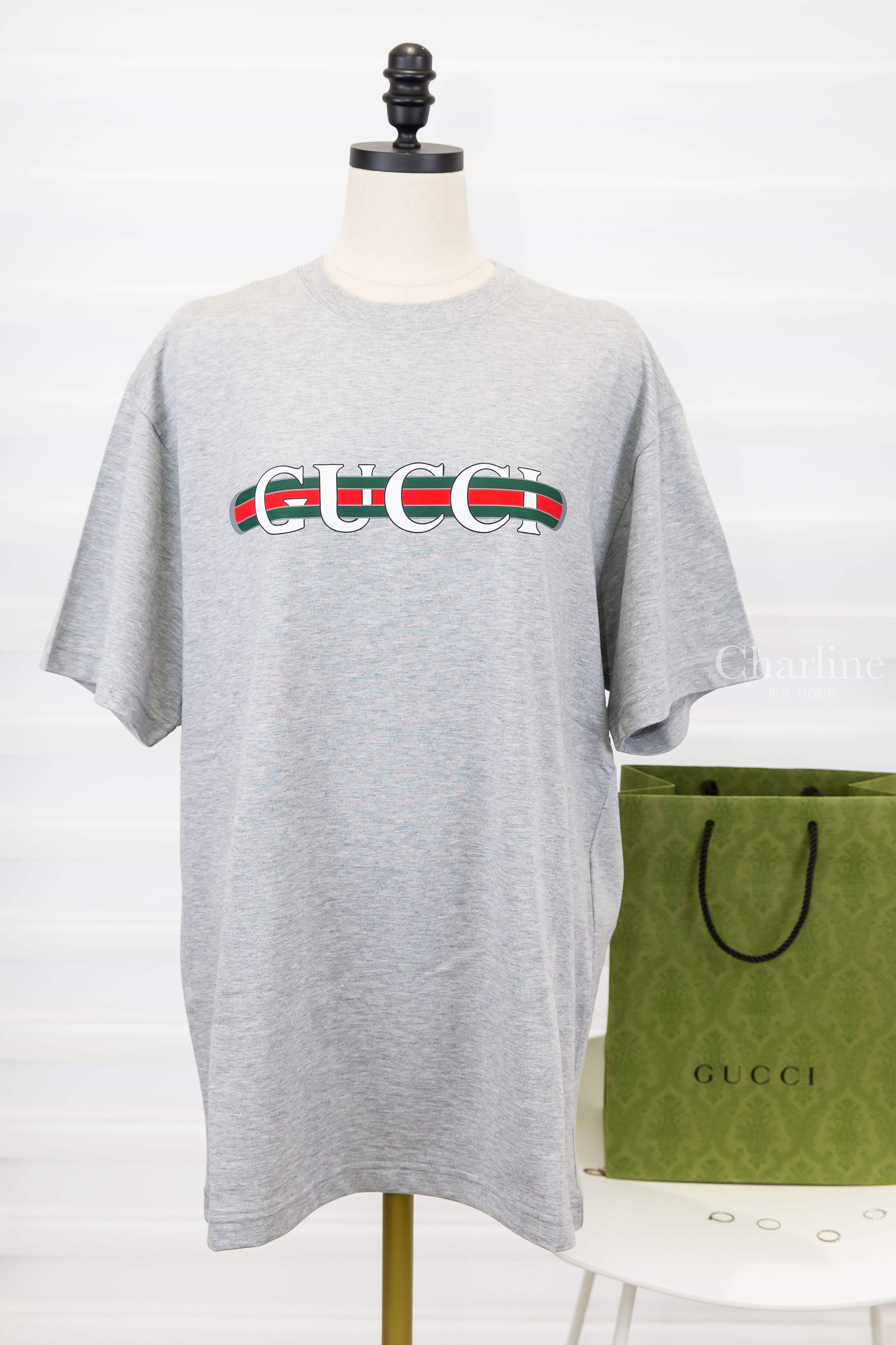 Gucci Cotton Jersey T-shirt With Gucci Print 灰色紅綠線條白色字母印花短袖棉T