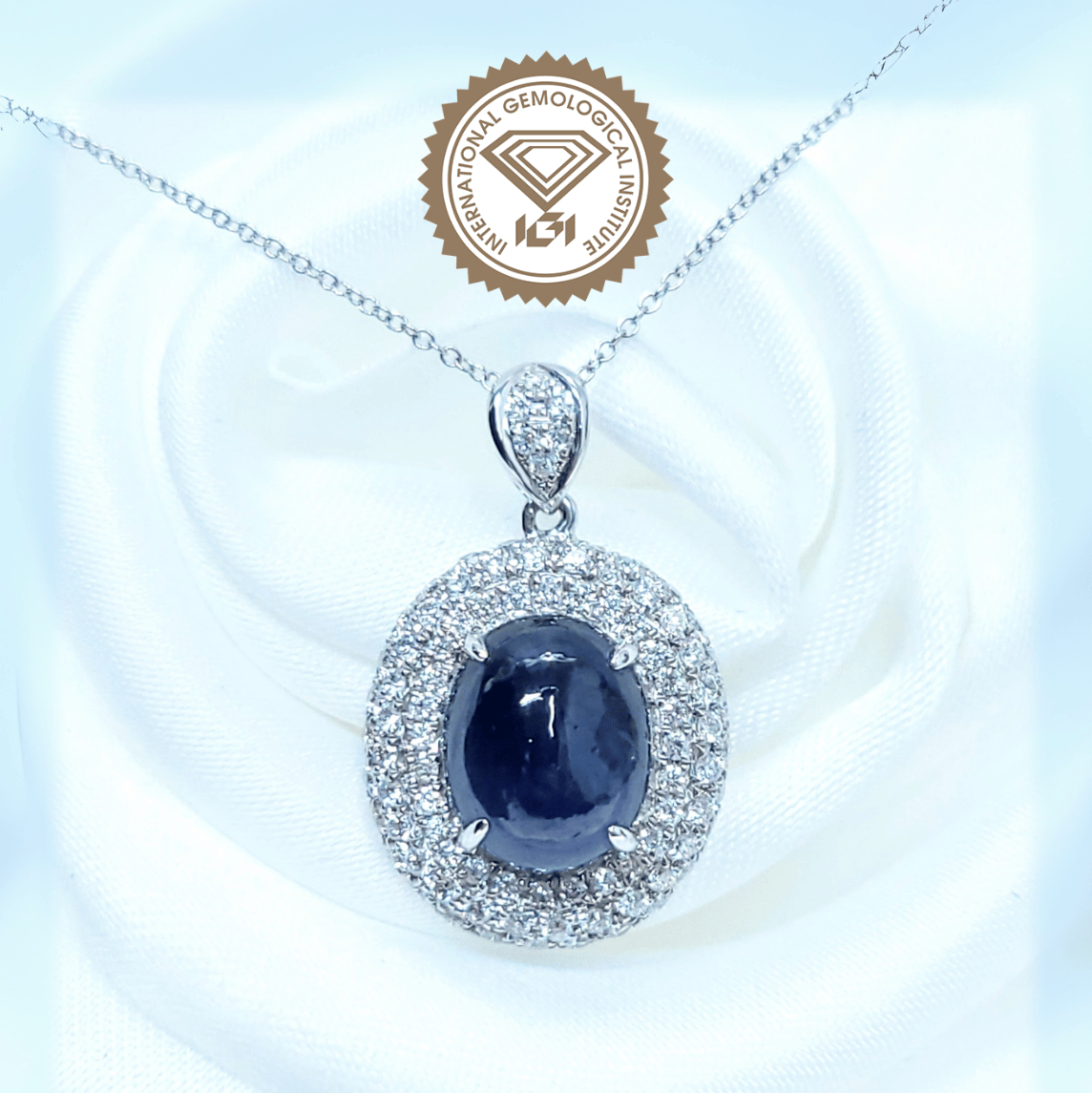 全新18K白金【單粒5卡34份藍寶石】配81份鑽石吊墜