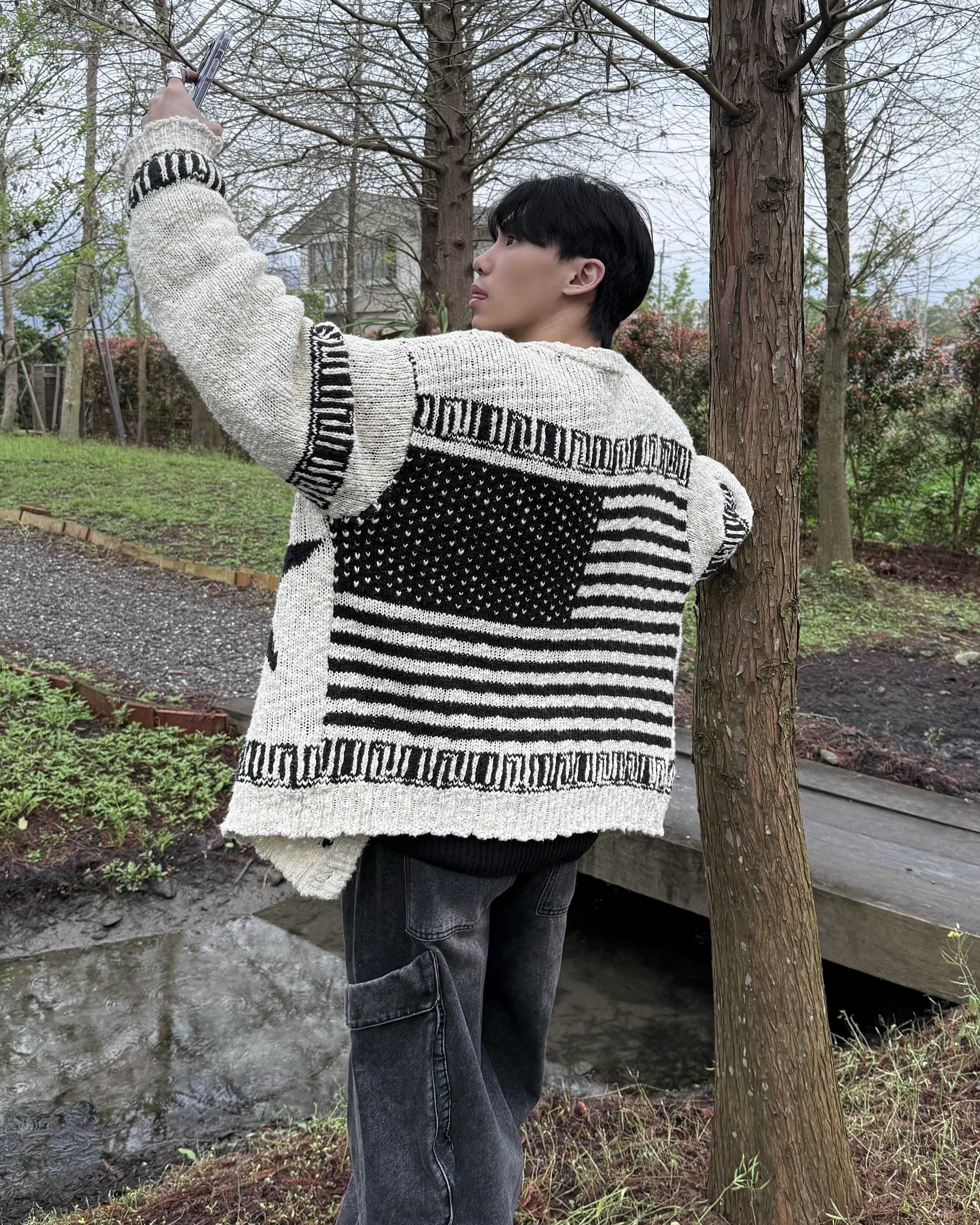 𝐇·𝐓·𝐒 韓國 芝加哥 星條 針織 圓領 美國國旗 罩衫 毛衣外套