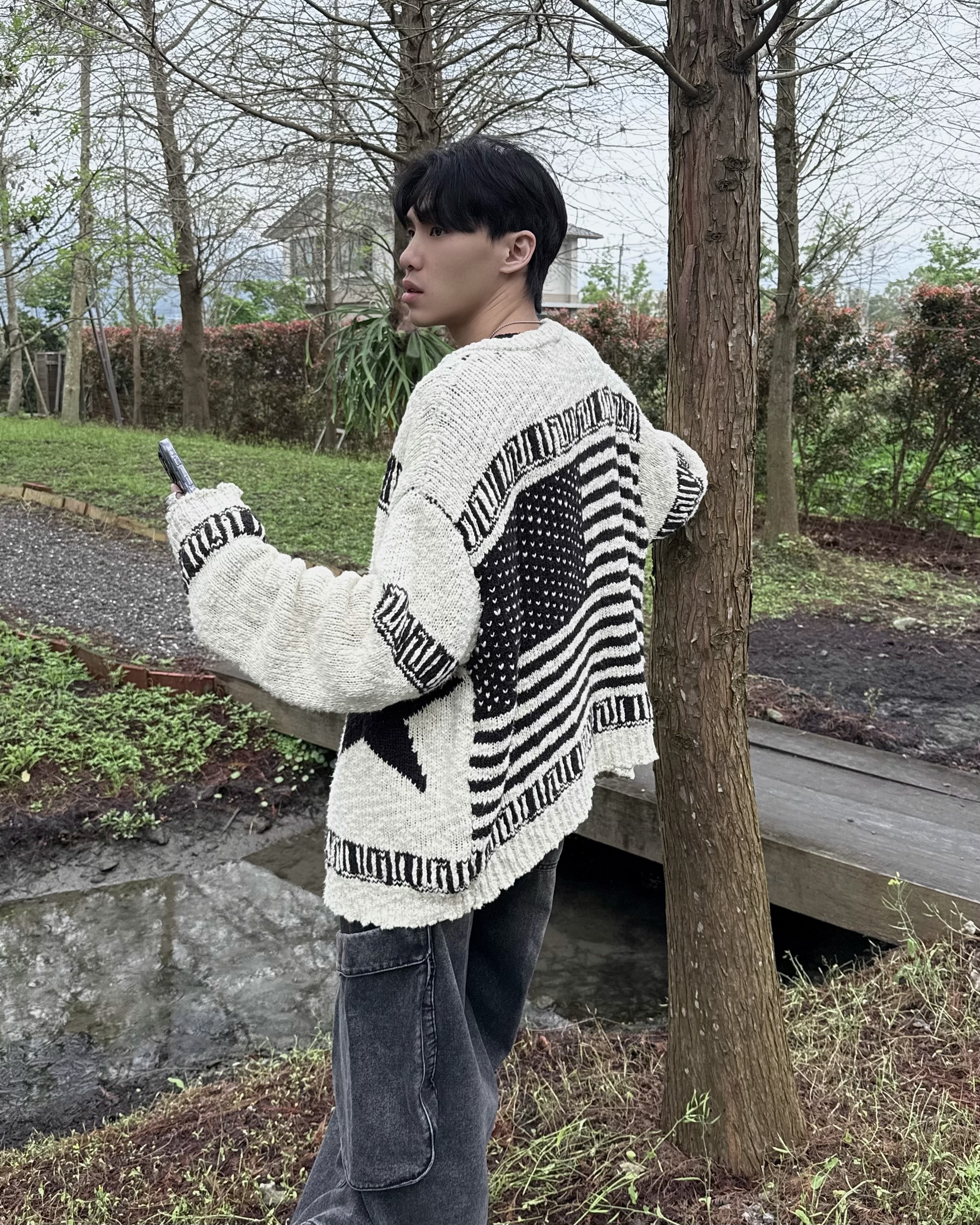 𝐇·𝐓·𝐒 韓國 芝加哥 星條 針織 圓領 美國國旗 罩衫 毛衣外套