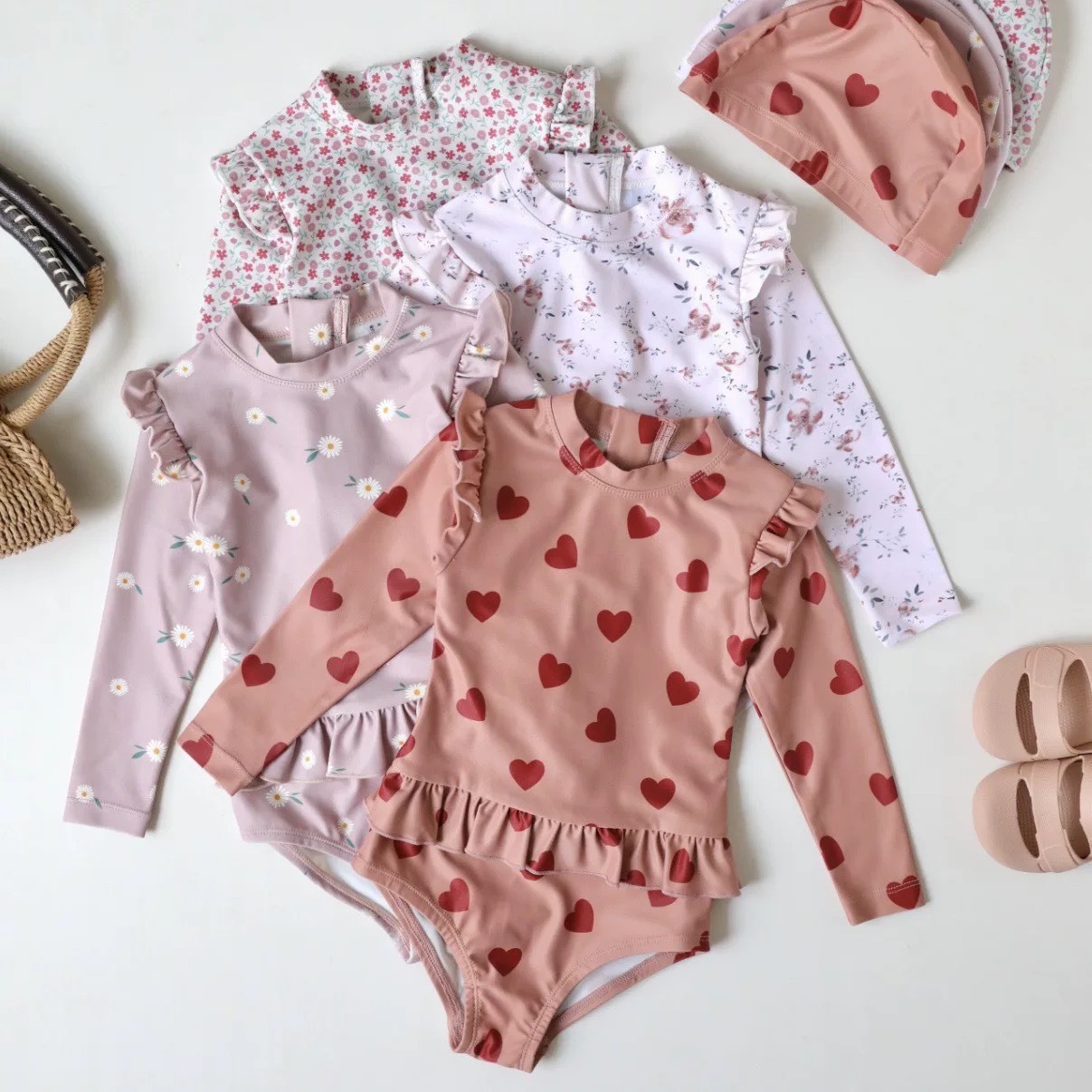 愛心花紋滾邊防曬連身泳衣套裝 / 4款