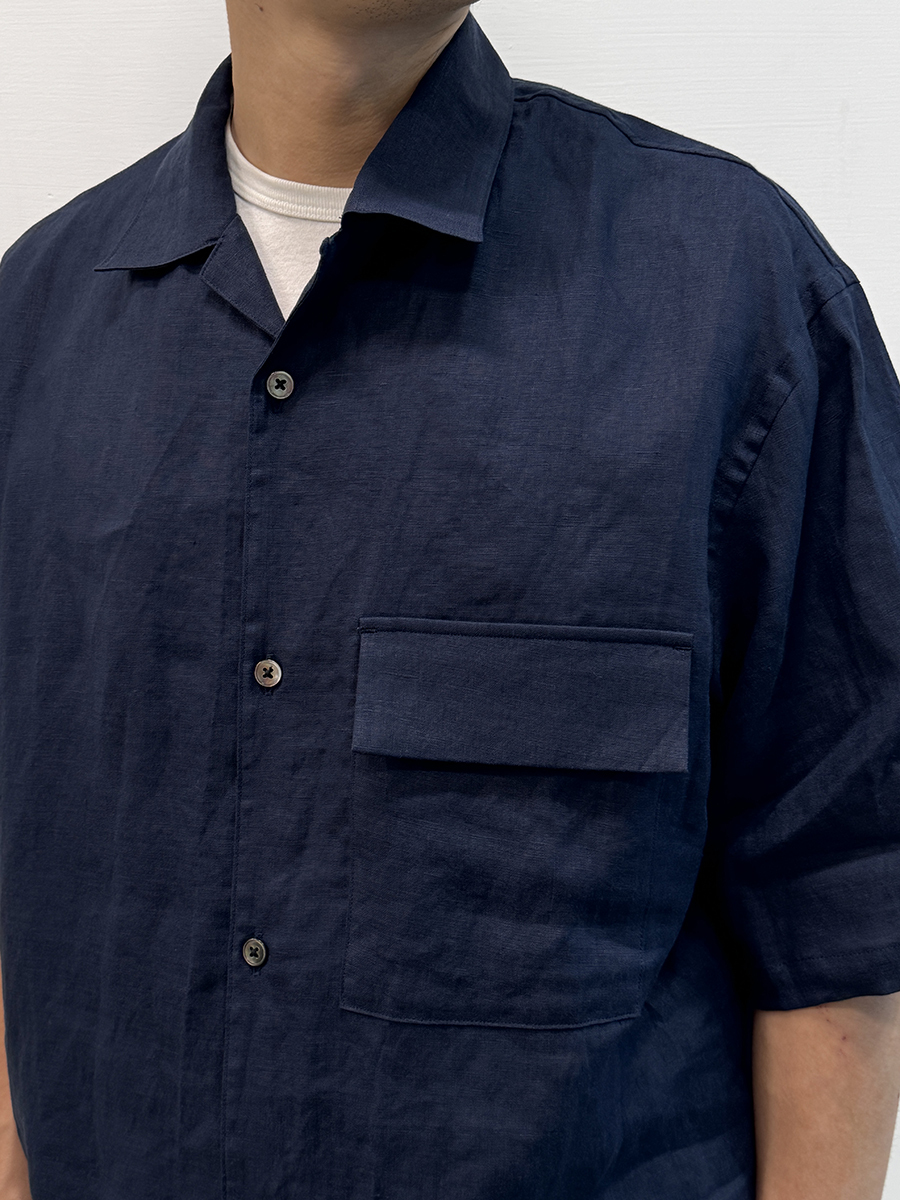 Still By Hand French Linen Open Collar Shirt Navy SH032
