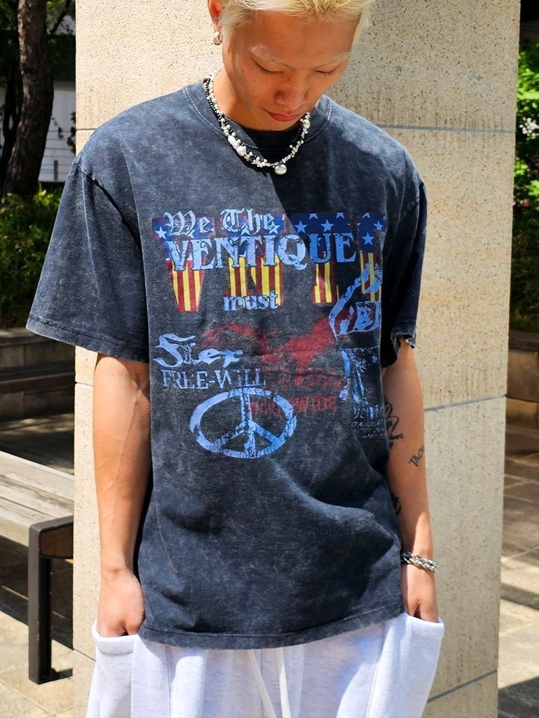 洗水英文字圖案短袖Tee VENTIQUE-061T