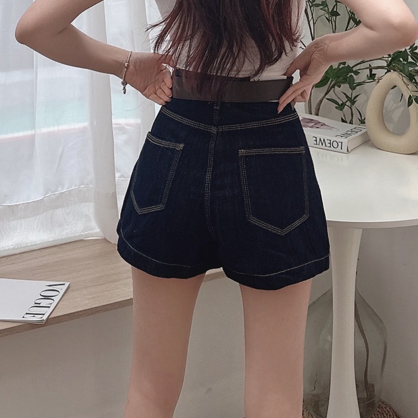 復古水洗棉牛仔短褲/單一色 (附皮帶)