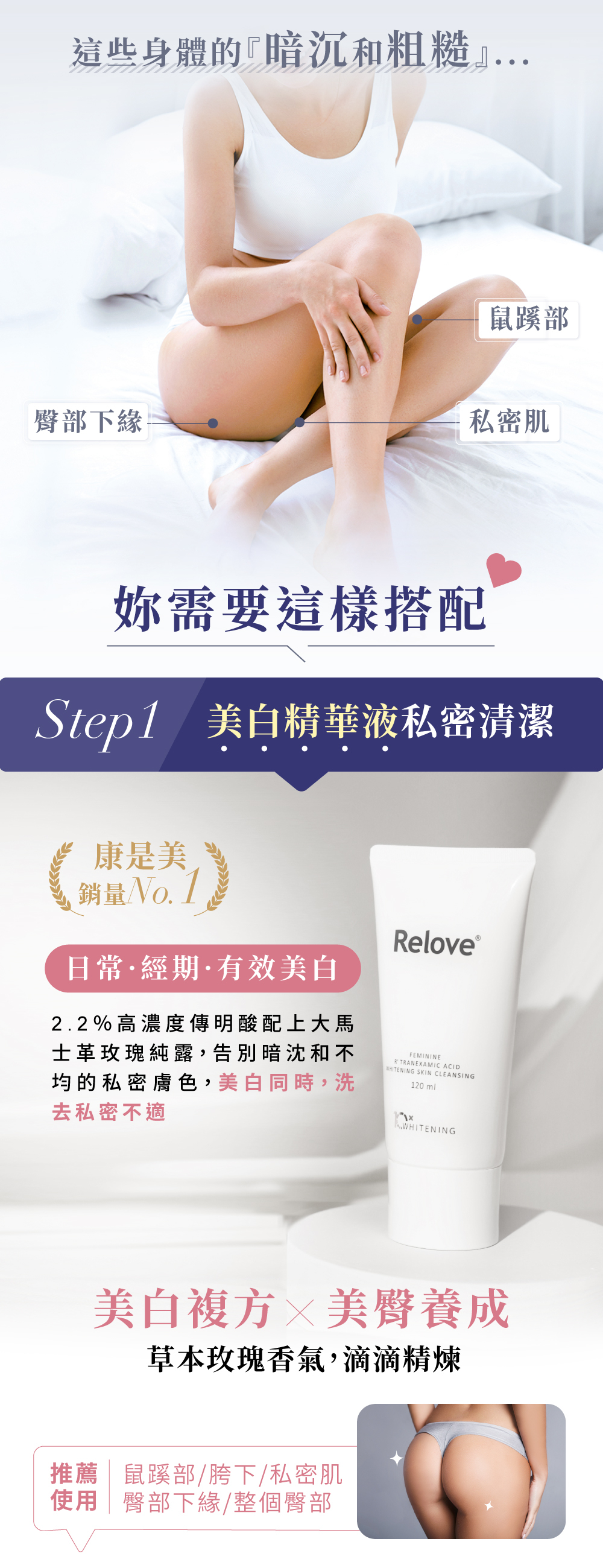 步驟1 美白精華液私密清潔,草本玫瑰香氣複方、有效美白