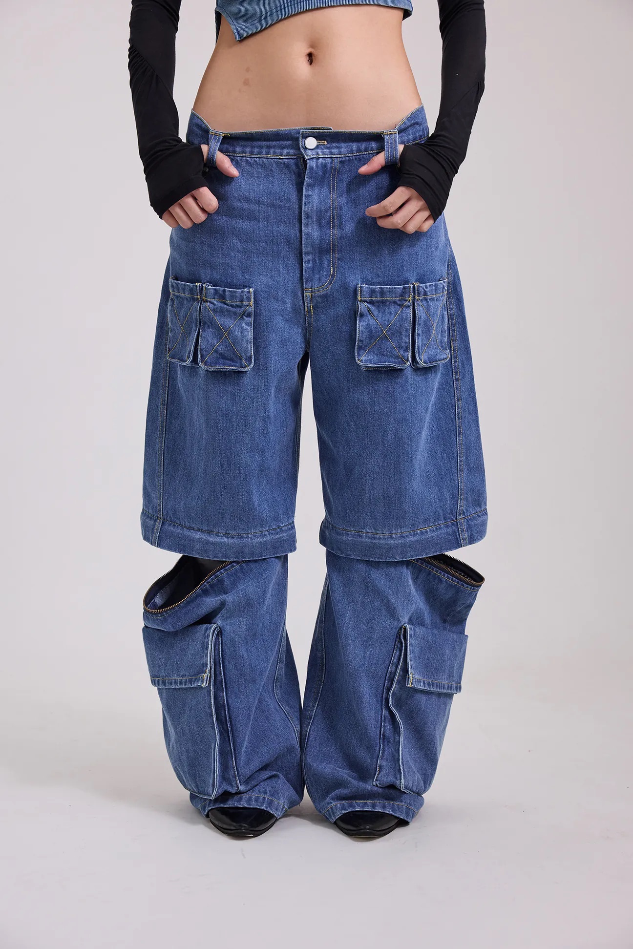 Silver9 可拆式兩穿cargo水洗丹寧褲(男女款)