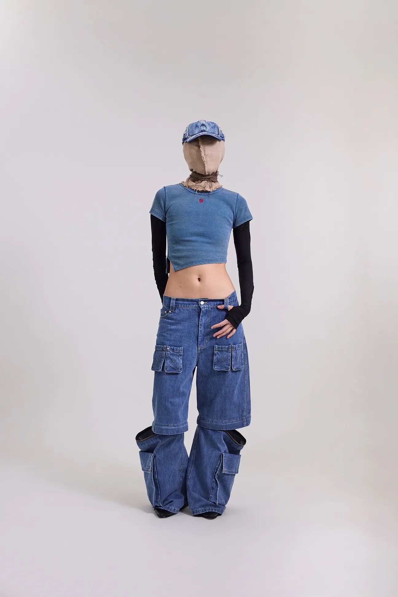 Silver9 斜切露腰洗舊合身TEE (藍)