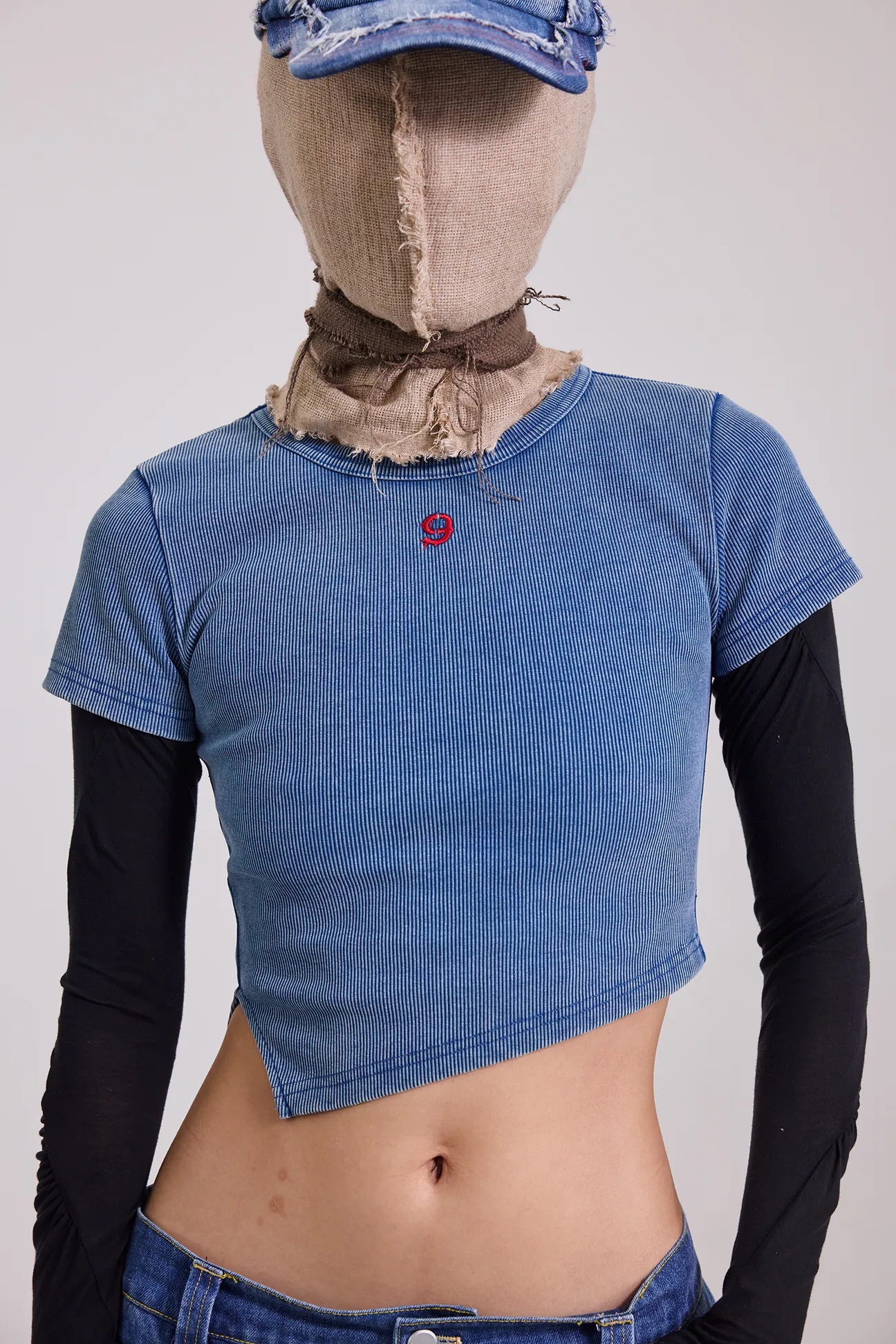 Silver9 斜切露腰洗舊合身TEE (藍)