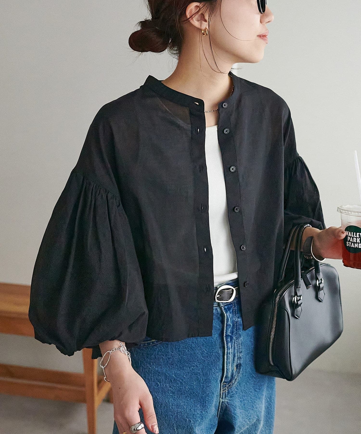 DISCOAT(ディスコート)  コットンシアー袖バルーンブラウス5分袖《WEB限定カラーあり》黑（DCZ1051204A0002）