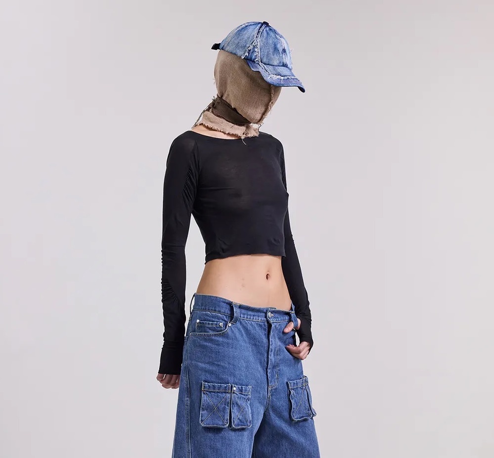 Silver9 透膚拼接抽皺指套上衣 (黑)