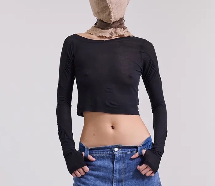 Silver9 透膚拼接抽皺指套上衣 (黑)